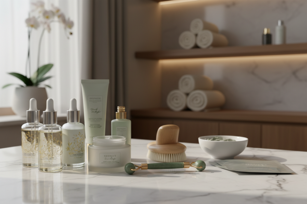 A beautifully arranged still life display of various professional skincare products, including serums, moisturizers, cleansers, and masks, artfully laid out on a sleek marble countertop. In the foreground, close-up shots reveal elegant glass containers with intricate labels and droppers, reflecting soft, natural daylight. The middle layer features an array of tools commonly found in professional skincare treatments, such as facial brushes and jade rollers, subtly integrated into the scene. The background showcases a blurred, softly lit spa setting with neutral tones and plush textiles, evoking a serene, calming atmosphere. The overall mood is luxurious and sophisticated, inviting viewers to appreciate the benefits of professional skincare treatments. A beautifully arranged still life display of various professional skincare products, including serums, moisturizers, cleansers, and masks, artfully laid out on a sleek marble countertop. In the foreground, close-up shots reveal elegant glass containers with intricate labels and droppers, reflecting soft, natural daylight. The middle layer features an array of tools commonly found in professional skincare treatments, such as facial brushes and jade rollers, subtly integrated into the scene. The background showcases a blurred, softly lit spa setting with neutral tones and plush textiles, evoking a serene, calming atmosphere. The overall mood is luxurious and sophisticated, inviting viewers to appreciate the benefits of professional skincare treatments.