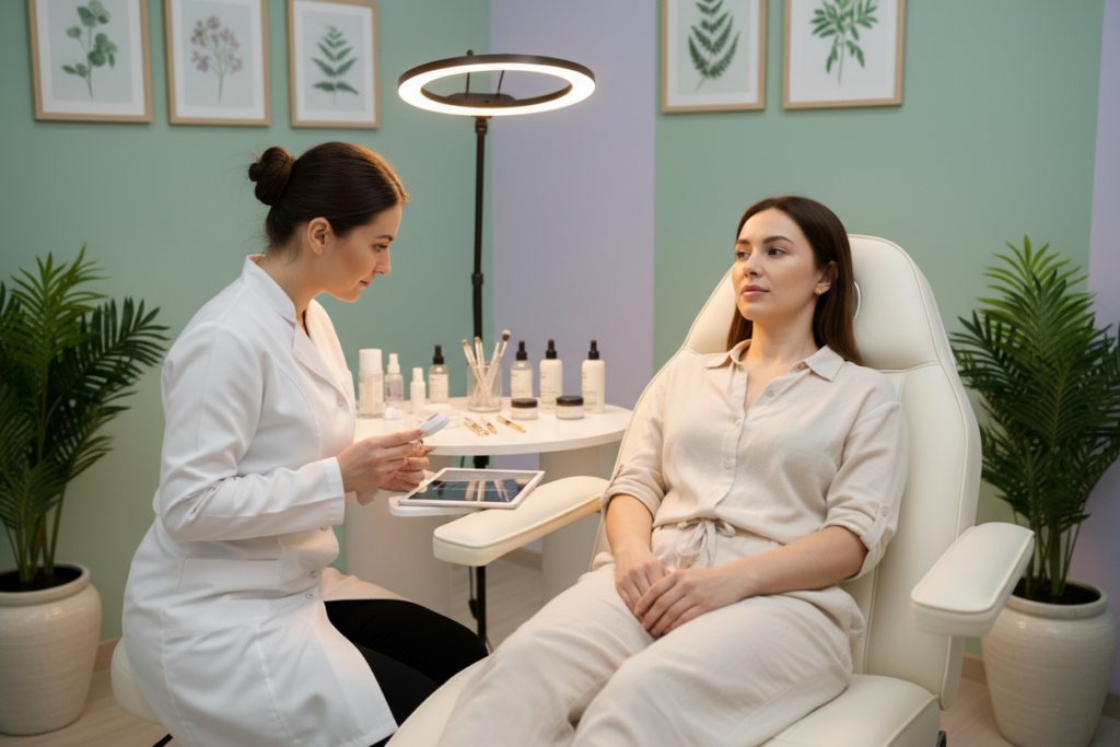 A bright and inviting facial analysis room, featuring a professional skin analysis session. In the foreground, a certified skin care specialist in a crisp white lab coat uses a magnifying device to examine a client's skin, who is seated comfortably in a plush treatment chair. The client, a woman in modest casual wear, appears relaxed and engaged during the analysis. In the middle, a sleek table displays various skincare products and tools, while a modern light illuminates the scene with a soft, warm glow, enhancing the welcoming atmosphere. The background showcases calming decor, including soothing green plants and pastel-colored walls, adding to the ambiance of tranquility and professionalism, creating a serene environment that promotes wellness and self-care. A bright and inviting facial analysis room, featuring a professional skin analysis session. In the foreground, a certified skin care specialist in a crisp white lab coat uses a magnifying device to examine a client's skin, who is seated comfortably in a plush treatment chair. The client, a woman in modest casual wear, appears relaxed and engaged during the analysis. In the middle, a sleek table displays various skincare products and tools, while a modern light illuminates the scene with a soft, warm glow, enhancing the welcoming atmosphere. The background showcases calming decor, including soothing green plants and pastel-colored walls, adding to the ambiance of tranquility and professionalism, creating a serene environment that promotes wellness and self-care.