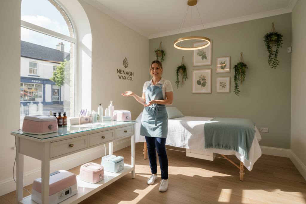 A bright, inviting waxing salon in Nenagh, showcasing a clean and professional atmosphere. In the foreground, a well-organized waxing station with high-quality equipment and supplies neatly arranged in soft pastel colors. A professional aesthetician, dressed in smart casual attire, prepares for a waxing session, demonstrating a welcoming smile. In the middle, a comfortable treatment bed adorned with fresh linens, with soft lighting creating a warm ambiance. The background features elegant decor with plants and calming artwork, enhancing the soothing environment. Soft, diffused natural light streams in through a large window, casting gentle shadows to create a relaxed vibe. The overall mood is tranquil and professional, embodying the rise of quality waxing services in Nenagh. A bright, inviting waxing salon in Nenagh, showcasing a clean and professional atmosphere. In the foreground, a well-organized waxing station with high-quality equipment and supplies neatly arranged in soft pastel colors. A professional aesthetician, dressed in smart casual attire, prepares for a waxing session, demonstrating a welcoming smile. In the middle, a comfortable treatment bed adorned with fresh linens, with soft lighting creating a warm ambiance. The background features elegant decor with plants and calming artwork, enhancing the soothing environment. Soft, diffused natural light streams in through a large window, casting gentle shadows to create a relaxed vibe. The overall mood is tranquil and professional, embodying the rise of quality waxing services in Nenagh.