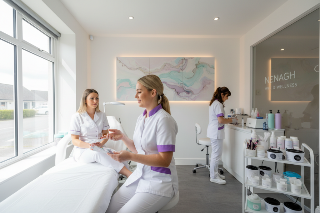 A bright, professional waxing salon in Nenagh featuring two experienced waxing therapists. In the foreground, a female therapist with a warm, inviting smile is consulting a client, both dressed in professional attire, such as white uniforms. In the middle, a clean treatment area with waxing supplies neatly organized on a counter, displaying a calming color palette of soft pastels. The background shows soothing wall art and calming lighting, highlighting the professionalism of the space. Natural light streams in through a window, creating a serene atmosphere. The image conveys a sense of trust, expertise, and comfort in a modern salon environment. Focus on capturing the therapists' professionalism and dedication to client care. A bright, professional waxing salon in Nenagh featuring two experienced waxing therapists. In the foreground, a female therapist with a warm, inviting smile is consulting a client, both dressed in professional attire, such as white uniforms. In the middle, a clean treatment area with waxing supplies neatly organized on a counter, displaying a calming color palette of soft pastels. The background shows soothing wall art and calming lighting, highlighting the professionalism of the space. Natural light streams in through a window, creating a serene atmosphere. The image conveys a sense of trust, expertise, and comfort in a modern salon environment. Focus on capturing the therapists' professionalism and dedication to client care.