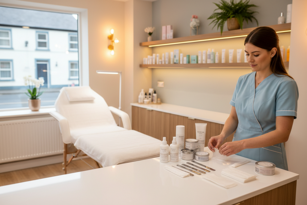 A clean and inviting waxing salon in Nenagh, showcasing a modern interior with elegant wooden furniture and soft pastel colors. In the foreground, a professional female aesthetician in a stylish uniform is preparing waxing products on a neatly arranged countertop, displaying various wax types and tools. The middle ground features a comfortable waxing bed with fluffy white linens and ambient lighting. In the background, shelves are lined with skincare products and a potted plant adds a touch of nature, enhancing the serene atmosphere. Soft, warm lighting creates a welcoming mood, while a slightly blurred window reveals a glimpse of Nenagh’s charming streets. The image conveys professionalism and relaxation, perfect for a guide on waxing services. A clean and inviting waxing salon in Nenagh, showcasing a modern interior with elegant wooden furniture and soft pastel colors. In the foreground, a professional female aesthetician in a stylish uniform is preparing waxing products on a neatly arranged countertop, displaying various wax types and tools. The middle ground features a comfortable waxing bed with fluffy white linens and ambient lighting. In the background, shelves are lined with skincare products and a potted plant adds a touch of nature, enhancing the serene atmosphere. Soft, warm lighting creates a welcoming mood, while a slightly blurred window reveals a glimpse of Nenagh’s charming streets. The image conveys professionalism and relaxation, perfect for a guide on waxing services.