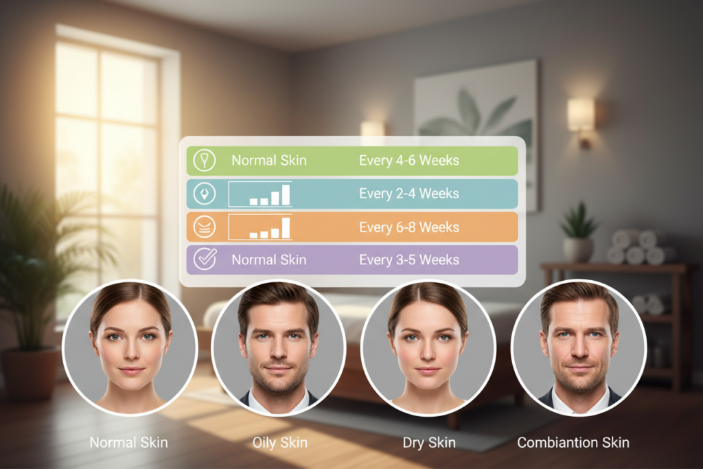 A detailed illustration showcasing optimal facial treatment frequencies tailored for different skin types. In the foreground, diverse skin types—normal, oily, dry, and combination—each represented by close-up portraits of individuals in professional attire with varied skin conditions. The middle ground features a soft-focus chart indicating ideal facial treatment intervals, visually appealing and color-coded for clarity. The background displays a calming spa environment with gentle lighting, emphasizing tranquility and self-care. Natural light filters through a window, creating a warm, inviting atmosphere. The mood reflects a sense of professionalism and wellness, aiming to educate viewers on optimal skincare routines. No text overlays or identifying markers in the image. A detailed illustration showcasing optimal facial treatment frequencies tailored for different skin types. In the foreground, diverse skin types—normal, oily, dry, and combination—each represented by close-up portraits of individuals in professional attire with varied skin conditions. The middle ground features a soft-focus chart indicating ideal facial treatment intervals, visually appealing and color-coded for clarity. The background displays a calming spa environment with gentle lighting, emphasizing tranquility and self-care. Natural light filters through a window, creating a warm, inviting atmosphere. The mood reflects a sense of professionalism and wellness, aiming to educate viewers on optimal skincare routines. No text overlays or identifying markers in the image.