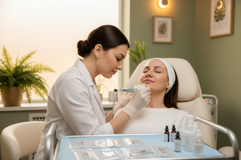 A professional microneedling practitioner demonstrates the collagen induction therapy process in a serene treatment room. In the foreground, the practitioner, dressed in a white lab coat and gloves, carefully operates a microneedling device on a patient's face. The patient, seated comfortably on a treatment chair, appears relaxed with closed eyes. In the middle ground, elegant medical equipment and sterilized tools are neatly arranged on a tray. The background features soft, warm ambient lighting that enhances a calming atmosphere, along with soothing wall colors and decorative plants. The overall mood conveys professionalism and tranquility, emphasizing the therapeutic nature of collagen induction therapy. The image is captured at a slight angle to highlight both the practitioner and the patient, with a shallow depth of field to create a focus on the treatment process. A professional microneedling practitioner demonstrates the collagen induction therapy process in a serene treatment room. In the foreground, the practitioner, dressed in a white lab coat and gloves, carefully operates a microneedling device on a patient's face. The patient, seated comfortably on a treatment chair, appears relaxed with closed eyes. In the middle ground, elegant medical equipment and sterilized tools are neatly arranged on a tray. The background features soft, warm ambient lighting that enhances a calming atmosphere, along with soothing wall colors and decorative plants. The overall mood conveys professionalism and tranquility, emphasizing the therapeutic nature of collagen induction therapy. The image is captured at a slight angle to highlight both the practitioner and the patient, with a shallow depth of field to create a focus on the treatment process.