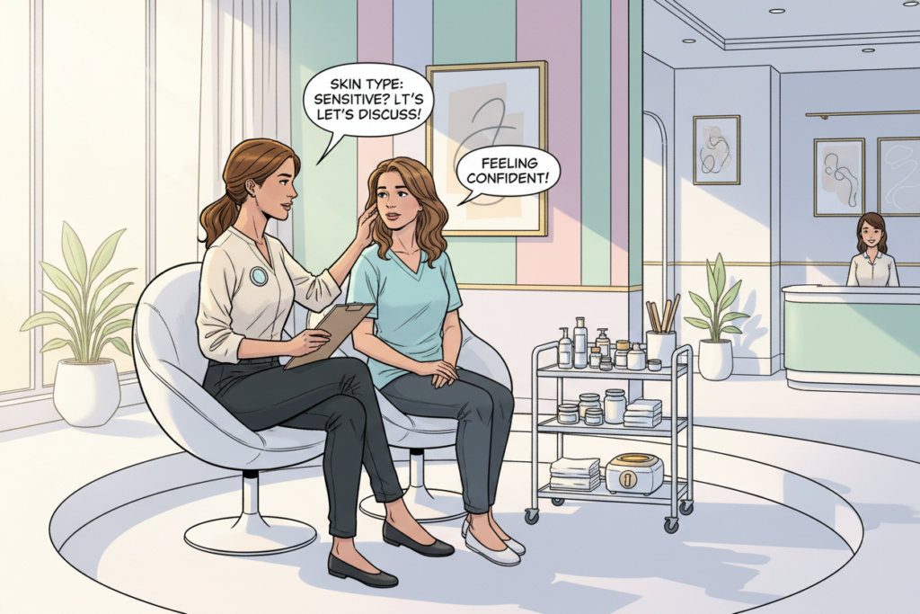 A professional waxing consultation setting with a skincare specialist assessing a client's skin. In the foreground, a focused skincare expert in business casual attire with a clipboard, examining the skin of a client seated in a sleek, modern beauty salon. The client, also in modest clothing, looks attentive and engaged. In the middle, a well-organized consultation area features aesthetic tools, a gentle lighting setup with soft, natural light filtering in, and neatly arranged waxing supplies, emphasizing cleanliness and professionalism. The background showcases a calming color scheme with soft pastels and elegant decor, creating a serene and inviting atmosphere. The overall mood is professional and reassuring, highlighting the importance of expert consultation for skincare benefits.