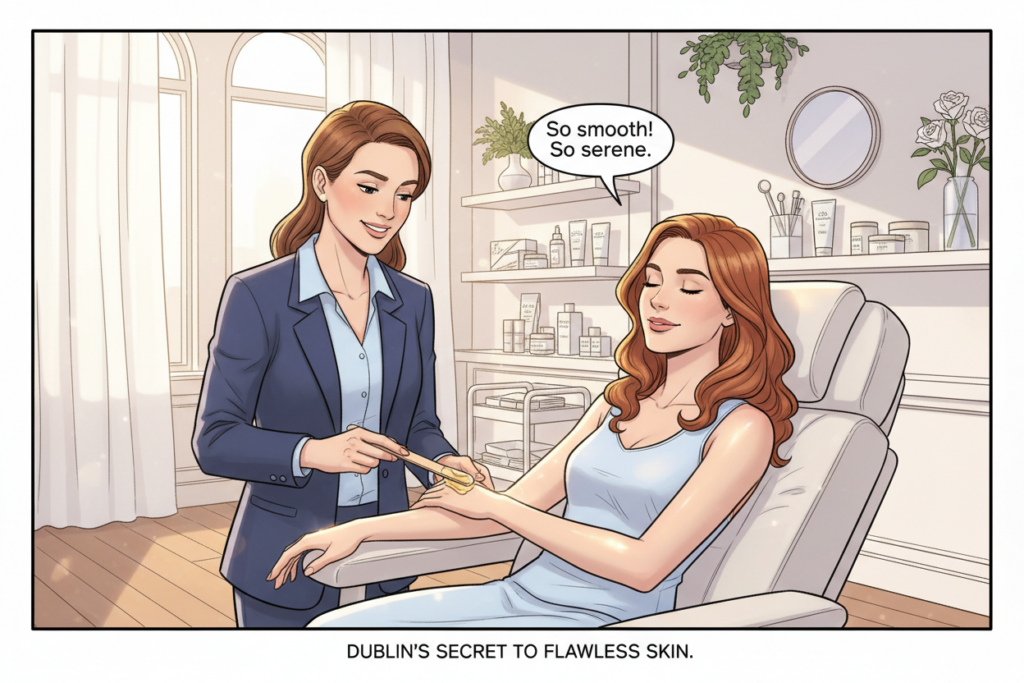 A serene and elegant skincare salon in Dublin serves as the background, featuring soft, diffused natural lighting that enhances the ambiance. In the foreground, a professional esthetician, dressed in business casual attire, demonstrates wax application on a client's smooth, glowing skin. The client, with a look of comfort and satisfaction, showcases the transformative results of professional waxing. In the middle ground, neatly arranged skincare products and tools reflect a clean beauty environment, emphasizing hygiene and professionalism. Delicate floral accents are visible, adding a touch of tranquility to the scene. The overall mood is calm and rejuvenating, highlighting the benefits of waxing for skin care and the expert hands that ensure a flawless experience.