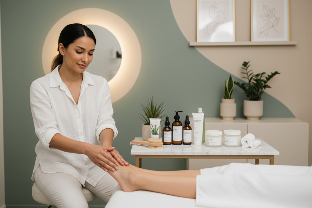 A serene and informative scene depicting a clean and modern beauty salon setup focused on preventing ingrown hairs after waxing. In the foreground, a professional skincare expert in modest casual clothing demonstrates proper post-waxing techniques, such as applying soothing lotion to a client's leg. The middle ground shows a well-organized table with skincare products, including exfoliating scrubs and soothing creams, all arranged neatly. The background has soft lighting, highlighting a minimalist decor of plants and calming colors to enhance the feeling of tranquility. The overall atmosphere is professional yet inviting, showcasing effective methods to prevent ingrown hairs while maintaining a focus on the beauty treatment process. A serene and informative scene depicting a clean and modern beauty salon setup focused on preventing ingrown hairs after waxing. In the foreground, a professional skincare expert in modest casual clothing demonstrates proper post-waxing techniques, such as applying soothing lotion to a client's leg. The middle ground shows a well-organized table with skincare products, including exfoliating scrubs and soothing creams, all arranged neatly. The background has soft lighting, highlighting a minimalist decor of plants and calming colors to enhance the feeling of tranquility. The overall atmosphere is professional yet inviting, showcasing effective methods to prevent ingrown hairs while maintaining a focus on the beauty treatment process.