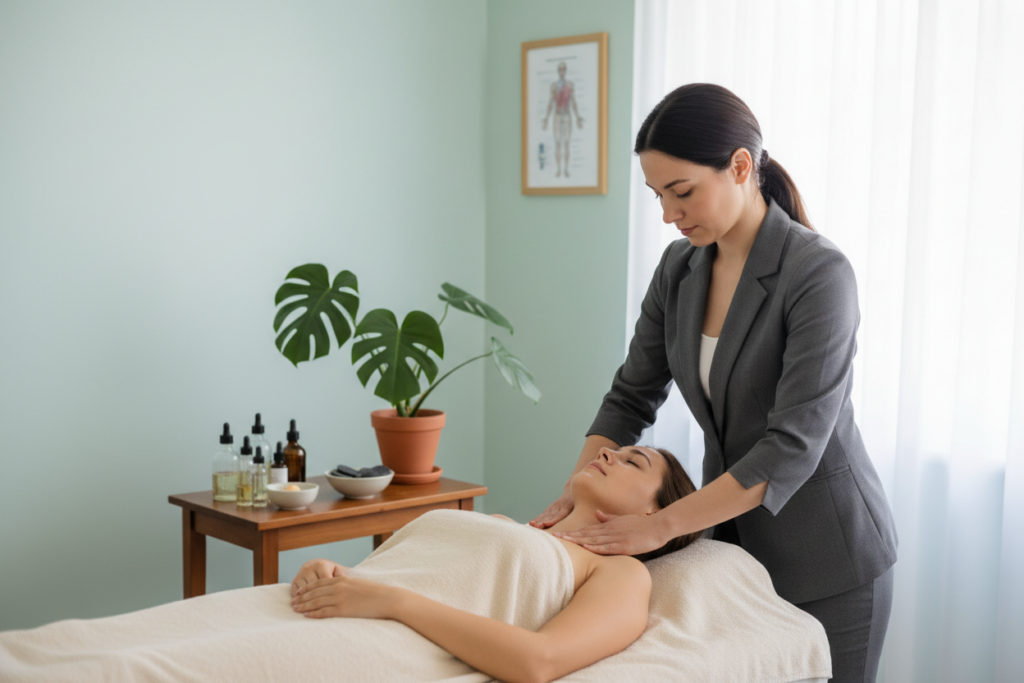 A serene and informative scene depicting lymphatic system therapy in a professional wellness clinic. In the foreground, a therapist in business attire gently performs lymphatic drainage on a client, who is comfortably lying on a treatment table, draped modestly with a soft towel. The therapist uses smooth and precise hand movements, symbolizing care and expertise. In the middle ground, a variety of clean and organized wellness tools are seen, such as natural oils and aesthetically pleasing plant decorations, enhancing the therapeutic atmosphere. The background features calming, soft lighting that creates a tranquil ambiance, with pastel-colored walls and a large window letting in natural light. The overall mood is peaceful and healing, emphasizing the importance of the lymphatic system in overall health. A serene and informative scene depicting lymphatic system therapy in a professional wellness clinic. In the foreground, a therapist in business attire gently performs lymphatic drainage on a client, who is comfortably lying on a treatment table, draped modestly with a soft towel. The therapist uses smooth and precise hand movements, symbolizing care and expertise. In the middle ground, a variety of clean and organized wellness tools are seen, such as natural oils and aesthetically pleasing plant decorations, enhancing the therapeutic atmosphere. The background features calming, soft lighting that creates a tranquil ambiance, with pastel-colored walls and a large window letting in natural light. The overall mood is peaceful and healing, emphasizing the importance of the lymphatic system in overall health.