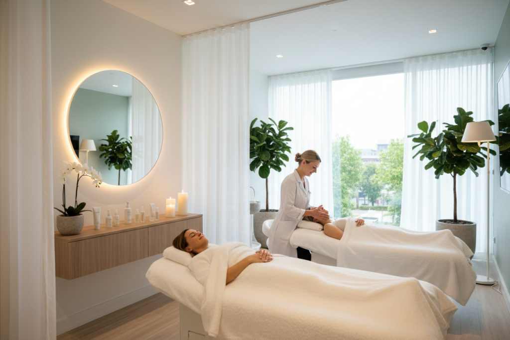 A serene and inviting anti-ageing facial spa in Nenagh, featuring a modern and elegant interior design. In the foreground, a treatment room with soft, ambient lighting, plush treatment beds, and calming decor, emphasizing a spa-like atmosphere. A friendly aesthetician in professional attire demonstrates a facial treatment on a relaxed client, both exhibiting serene expressions. The middle ground showcases various skincare products neatly arranged on a stylish shelf, along with lush plants and candles for a tranquil vibe. In the background, large windows allow natural light to stream in, enhancing the bright and uplifting environment. The overall mood is peaceful and rejuvenating, capturing the essence of relaxation and self-care in a top-notch spa. A serene and inviting anti-ageing facial spa in Nenagh, featuring a modern and elegant interior design. In the foreground, a treatment room with soft, ambient lighting, plush treatment beds, and calming decor, emphasizing a spa-like atmosphere. A friendly aesthetician in professional attire demonstrates a facial treatment on a relaxed client, both exhibiting serene expressions. The middle ground showcases various skincare products neatly arranged on a stylish shelf, along with lush plants and candles for a tranquil vibe. In the background, large windows allow natural light to stream in, enhancing the bright and uplifting environment. The overall mood is peaceful and rejuvenating, capturing the essence of relaxation and self-care in a top-notch spa.