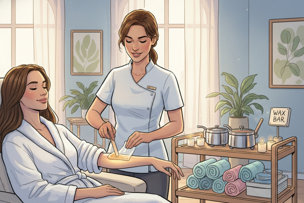 A serene and inviting beauty salon interior, featuring a professional waxing treatment setup. In the foreground, a licensed aesthetician in smart casual attire gently applies wax on a client's arm, showcasing a smooth and radiant skin surface that highlights the benefits of professional waxing. The middle ground presents a well-organized treatment space with clean tools, soothing candles, and soft, pastel-colored towels, promoting a sense of relaxation and hygiene. The background is softly blurred, featuring calming artwork on the walls and natural light filtering through large windows, creating a warm ambiance. Use soft, diffuse lighting to enhance the peaceful atmosphere, with a focal length that draws attention to the glowing skin results while maintaining a professional tone throughout the scene.