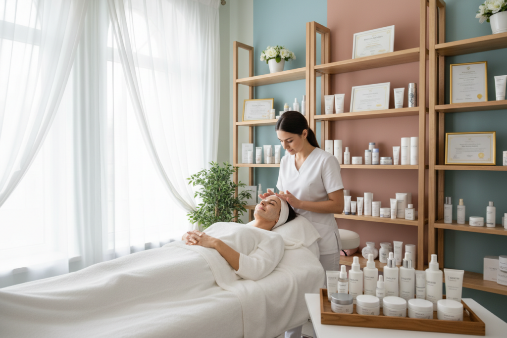 A serene and inviting skincare treatment room, featuring a professional facial treatment setup. In the foreground, a well-organized treatment table with soft white linens and elegant skincare products displayed in neat rows. A licensed esthetician, dressed in pristine white attire, expertly administers a rejuvenating facial to a client relaxing with a serene expression. In the middle ground, shelves filled with skincare products and framed skincare certifications create an impression of professionalism and expertise. The background is softly lit, showcasing calming pastel colors, with large windows allowing natural light to filter in, enhancing the tranquil atmosphere. The overall mood is one of relaxation, self-care, and luxury, emphasizing a transformative anti-ageing experience. A serene and inviting skincare treatment room, featuring a professional facial treatment setup. In the foreground, a well-organized treatment table with soft white linens and elegant skincare products displayed in neat rows. A licensed esthetician, dressed in pristine white attire, expertly administers a rejuvenating facial to a client relaxing with a serene expression. In the middle ground, shelves filled with skincare products and framed skincare certifications create an impression of professionalism and expertise. The background is softly lit, showcasing calming pastel colors, with large windows allowing natural light to filter in, enhancing the tranquil atmosphere. The overall mood is one of relaxation, self-care, and luxury, emphasizing a transformative anti-ageing experience.
