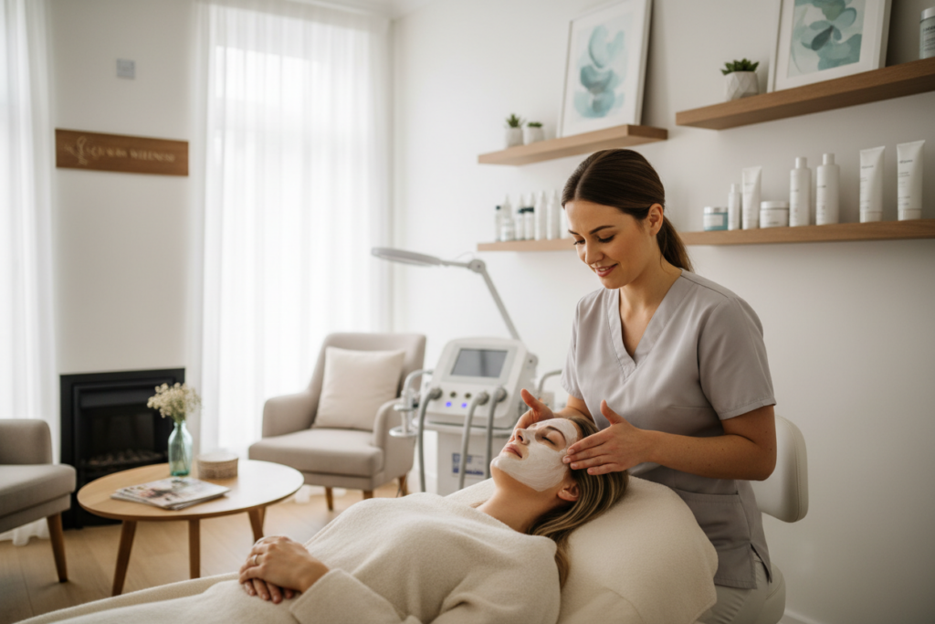 A serene and inviting spa environment in Nenagh focusing on skin rejuvenation treatments. In the foreground, a professional aesthetician in modest professional attire is gently applying a facial mask on a relaxed client, showcasing a glowing complexion. The middle layer features an elegant treatment room with soft, natural lighting filtering through sheer curtains, illuminating shelves filled with skincare products and serene décor such as plants and calming art. In the background, there are glimpses of skincare equipment and a cozy waiting area. The mood is tranquil and rejuvenating, embodying a sense of wellness and self-care, inviting viewers to explore the growing demand for effective skin treatments in this charming town. A serene and inviting spa environment in Nenagh focusing on skin rejuvenation treatments. In the foreground, a professional aesthetician in modest professional attire is gently applying a facial mask on a relaxed client, showcasing a glowing complexion. The middle layer features an elegant treatment room with soft, natural lighting filtering through sheer curtains, illuminating shelves filled with skincare products and serene décor such as plants and calming art. In the background, there are glimpses of skincare equipment and a cozy waiting area. The mood is tranquil and rejuvenating, embodying a sense of wellness and self-care, inviting viewers to explore the growing demand for effective skin treatments in this charming town.
