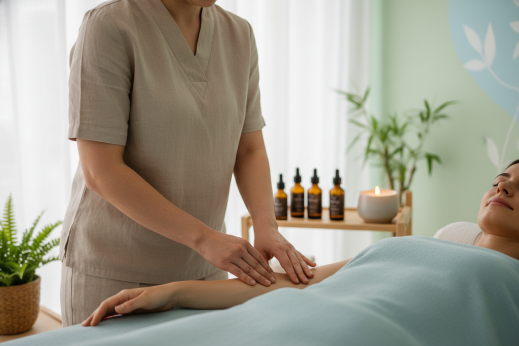A serene and inviting spa environment, showcasing a professional lymphatic massage therapy session. In the foreground, a skilled therapist in modest casual clothing is gently performing a lymphatic drainage massage on a client, who is comfortably lying on a massage table with a calming atmosphere around them. The therapist's hands are delicately working on the client's arms, showcasing smooth skin and relaxation. In the middle ground, display essential oils and a candle, enhancing the tranquil ambiance. The background features soft, natural lighting, with soothing colors like light greens and blues, reflecting a clean beauty setting. The overall mood is peaceful and rejuvenating, emphasizing the health benefits of lymphatic system detox massage therapy. A serene and inviting spa environment, showcasing a professional lymphatic massage therapy session. In the foreground, a skilled therapist in modest casual clothing is gently performing a lymphatic drainage massage on a client, who is comfortably lying on a massage table with a calming atmosphere around them. The therapist's hands are delicately working on the client's arms, showcasing smooth skin and relaxation. In the middle ground, display essential oils and a candle, enhancing the tranquil ambiance. The background features soft, natural lighting, with soothing colors like light greens and blues, reflecting a clean beauty setting. The overall mood is peaceful and rejuvenating, emphasizing the health benefits of lymphatic system detox massage therapy.