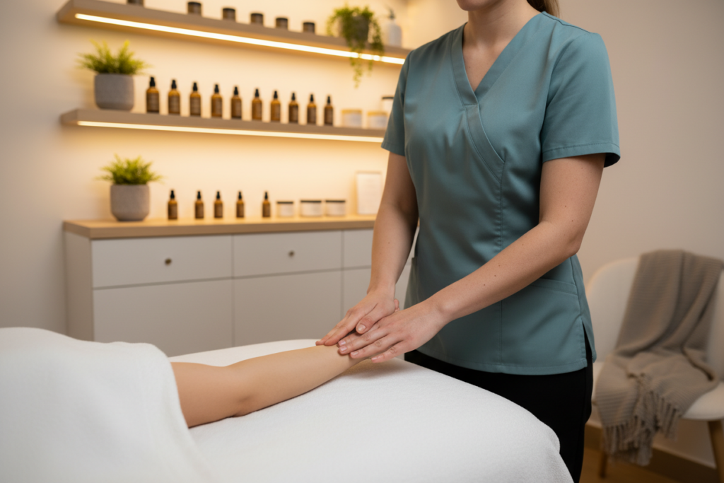 A serene and inviting spa setting, showcasing a professional licensed massage therapist performing a manual lymphatic drainage massage technique. In the foreground, the therapist, dressed in modest professional attire, uses gentle pressure with their hands on a client’s arm, demonstrating the delicate touch of post-surgery lymphatic massage. The middle ground features a clean, calm treatment room with soft, ambient lighting casting a warm glow, highlighting smooth skin and a tranquil atmosphere. In the background, shelves with neatly arranged wellness products and potted plants add to the peaceful vibe. The overall mood conveys relaxation and healing, emphasizing the gentle nature of lymphatic drainage techniques designed for recovery and wellness. A serene and inviting spa setting, showcasing a professional licensed massage therapist performing a manual lymphatic drainage massage technique. In the foreground, the therapist, dressed in modest professional attire, uses gentle pressure with their hands on a client’s arm, demonstrating the delicate touch of post-surgery lymphatic massage. The middle ground features a clean, calm treatment room with soft, ambient lighting casting a warm glow, highlighting smooth skin and a tranquil atmosphere. In the background, shelves with neatly arranged wellness products and potted plants add to the peaceful vibe. The overall mood conveys relaxation and healing, emphasizing the gentle nature of lymphatic drainage techniques designed for recovery and wellness.