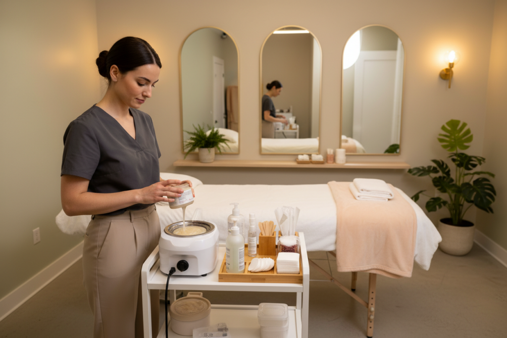 A serene and inviting waxing salon interior, focusing on a well-organized treatment area. In the foreground, a professional esthetician, dressed in neat and modest business attire, carefully prepares a waxing station with high-quality products and tools. The middle section features a soft, calming ambiance, decorated with warm lighting and soothing colors like beige and pastel tones. A plush treatment bed is neatly arranged, accented by towels and hygiene supplies. In the background, elegantly framed mirrors reflect the peaceful atmosphere, while indoor plants add a touch of freshness. The overall mood is tranquil and welcoming, suggesting professionalism and care, ideal for a space dedicated to effective hair removal techniques. A serene and inviting waxing salon interior, focusing on a well-organized treatment area. In the foreground, a professional esthetician, dressed in neat and modest business attire, carefully prepares a waxing station with high-quality products and tools. The middle section features a soft, calming ambiance, decorated with warm lighting and soothing colors like beige and pastel tones. A plush treatment bed is neatly arranged, accented by towels and hygiene supplies. In the background, elegantly framed mirrors reflect the peaceful atmosphere, while indoor plants add a touch of freshness. The overall mood is tranquil and welcoming, suggesting professionalism and care, ideal for a space dedicated to effective hair removal techniques.
