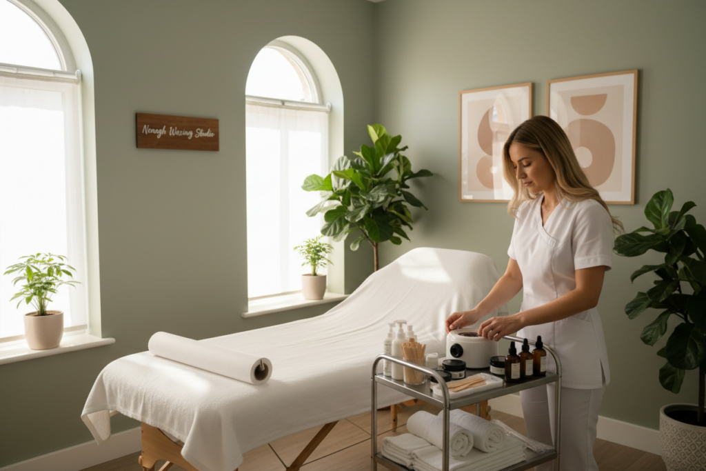 A serene and inviting waxing studio in Nenagh, elegantly arranged for a Brazilian wax appointment. In the foreground, a professional aesthetician in a clean white uniform prepares the workspace, equipped with soft towels, waxing supplies, and soothing oils. The middle ground features a comfortable waxing bed draped with crisp, white linens. Soft natural light filters in through large windows, casting a gentle glow over the space, creating a calm atmosphere. The background showcases tastefully minimalist decor, including potted plants and calming wall art. The overall mood is professional, tranquil, and welcoming, designed to ease any apprehension for first-time clients while reflecting the essence of a premium waxing experience. A serene and inviting waxing studio in Nenagh, elegantly arranged for a Brazilian wax appointment. In the foreground, a professional aesthetician in a clean white uniform prepares the workspace, equipped with soft towels, waxing supplies, and soothing oils. The middle ground features a comfortable waxing bed draped with crisp, white linens. Soft natural light filters in through large windows, casting a gentle glow over the space, creating a calm atmosphere. The background showcases tastefully minimalist decor, including potted plants and calming wall art. The overall mood is professional, tranquil, and welcoming, designed to ease any apprehension for first-time clients while reflecting the essence of a premium waxing experience.
