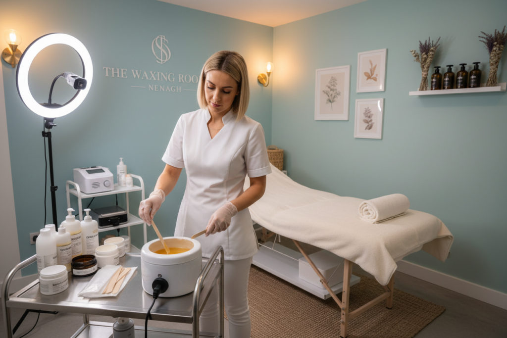 A serene and inviting waxing studio in Nenagh, showcasing a professional hair removal setup. In the foreground, a skilled aesthetician in a crisp white uniform and disposable gloves prepares waxing materials on a clean, well-organized treatment table. In the middle, a calming and well-lit treatment area features soft, ambient lighting creating a soothing atmosphere. The background displays tasteful decor with gentle colors, such as pastel blues and greens, and essential oils on a shelf, enhancing the sense of relaxation. The scene exudes professionalism and comfort, emphasizing hygiene and client care. The angle captures both the aesthetician in action and the inviting environment, inviting potential clients to experience the service. A serene and inviting waxing studio in Nenagh, showcasing a professional hair removal setup. In the foreground, a skilled aesthetician in a crisp white uniform and disposable gloves prepares waxing materials on a clean, well-organized treatment table. In the middle, a calming and well-lit treatment area features soft, ambient lighting creating a soothing atmosphere. The background displays tasteful decor with gentle colors, such as pastel blues and greens, and essential oils on a shelf, enhancing the sense of relaxation. The scene exudes professionalism and comfort, emphasizing hygiene and client care. The angle captures both the aesthetician in action and the inviting environment, inviting potential clients to experience the service.
