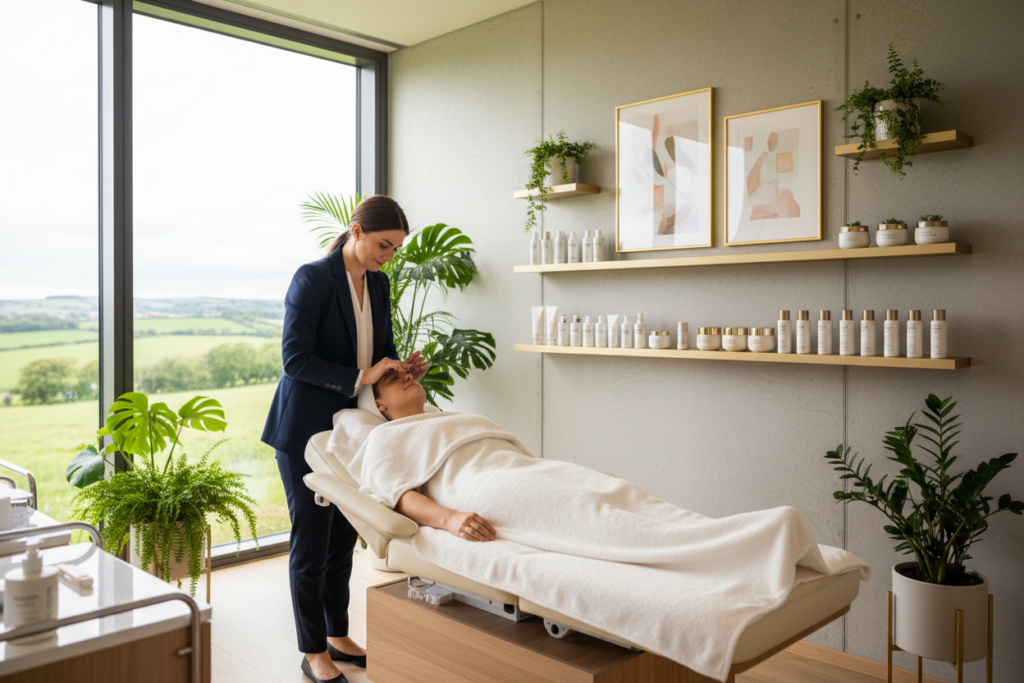 A serene and modern skincare clinic in Ireland, featuring a well-lit treatment room adorned with lush plants and elegant decor. In the foreground, a professional aesthetician in smart business attire is performing a facial treatment on a client, who is comfortably reclined on a sleek treatment bed. The middle layer showcases shelves lined with high-end skincare products, emphasizing the professional aspect of skincare. In the background, large windows reveal the picturesque Irish landscape, with rolling green hills and a soft, diffused light filtering in, creating a calming atmosphere. The mood is serene and inviting, promoting the growing interest in professional skincare in Ireland. Use natural lighting to enhance the warm, tranquil ambiance, captured from a slightly elevated angle to emphasize both the treatment and the surroundings. A serene and modern skincare clinic in Ireland, featuring a well-lit treatment room adorned with lush plants and elegant decor. In the foreground, a professional aesthetician in smart business attire is performing a facial treatment on a client, who is comfortably reclined on a sleek treatment bed. The middle layer showcases shelves lined with high-end skincare products, emphasizing the professional aspect of skincare. In the background, large windows reveal the picturesque Irish landscape, with rolling green hills and a soft, diffused light filtering in, creating a calming atmosphere. The mood is serene and inviting, promoting the growing interest in professional skincare in Ireland. Use natural lighting to enhance the warm, tranquil ambiance, captured from a slightly elevated angle to emphasize both the treatment and the surroundings.