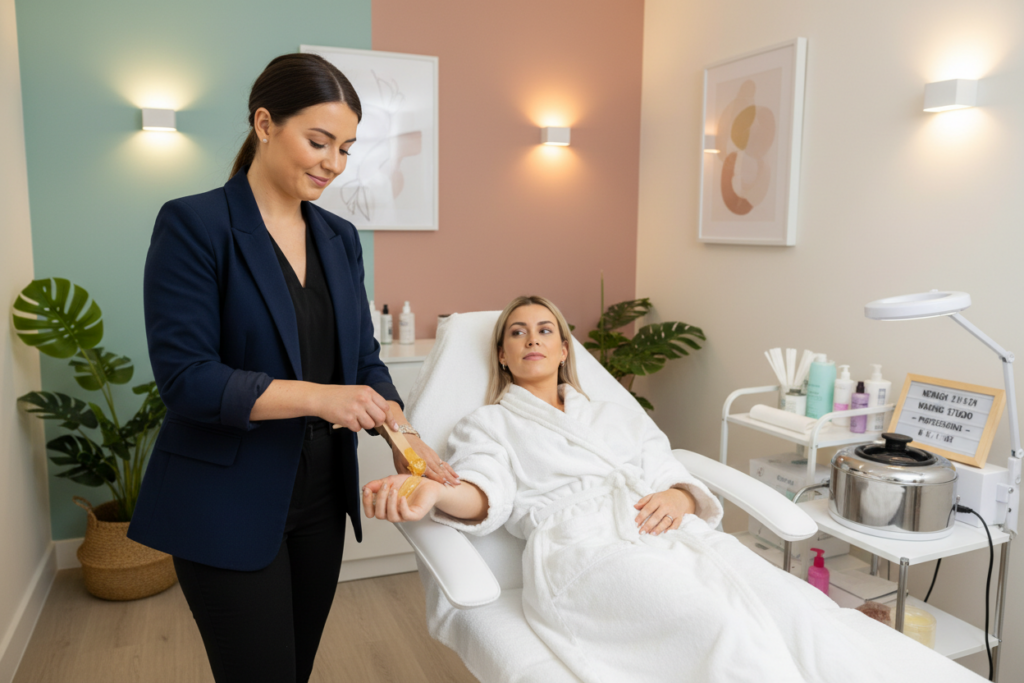 A serene and modern waxing studio in Nenagh, showcasing the professionalism of hair removal services. In the foreground, a licensed esthetician in smart business attire demonstrates the waxing process on a client’s arm, ensuring a comfortable and hygienic environment. The esthetician has a gentle, reassuring expression, displaying expertise. In the middle ground, a clean waxing table is adorned with professional tools like heated wax pots and applicators, contributing to an organized atmosphere. The background features calming decor, with soft lighting that creates an inviting ambiance, highlighting a tranquil color palette of pastels. The overall mood is one of comfort and professionalism, emphasizing the growing popularity of waxing services in Nenagh, focusing on the client's satisfaction and care. A serene and modern waxing studio in Nenagh, showcasing the professionalism of hair removal services. In the foreground, a licensed esthetician in smart business attire demonstrates the waxing process on a client’s arm, ensuring a comfortable and hygienic environment. The esthetician has a gentle, reassuring expression, displaying expertise. In the middle ground, a clean waxing table is adorned with professional tools like heated wax pots and applicators, contributing to an organized atmosphere. The background features calming decor, with soft lighting that creates an inviting ambiance, highlighting a tranquil color palette of pastels. The overall mood is one of comfort and professionalism, emphasizing the growing popularity of waxing services in Nenagh, focusing on the client's satisfaction and care.