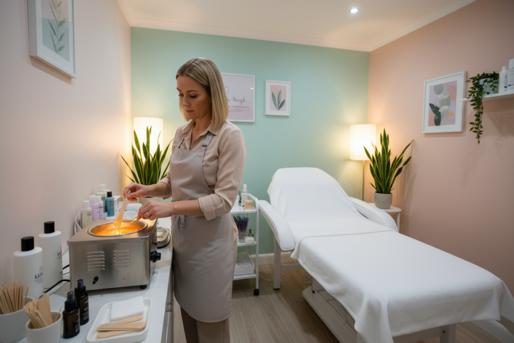 A serene and professional body waxing salon in Nenagh, capturing the essence of comprehensive waxing services. In the foreground, a skilled aesthetician in a professional business outfit meticulously prepares wax on a small countertop, the wax warmer emitting a soft glow. In the middle, a clean treatment bed draped in fresh white linens is ready for clients, surrounded by neatly arranged waxing supplies like spatulas and soothing oils. The background features soft, warm lighting that creates an inviting atmosphere, with pastel-colored walls and calming decorative elements, such as plants and art. The scene emphasizes cleanliness and professionalism, evoking a sense of tranquility and trust in waxing services. The angle is slightly elevated, providing a clear view of the aesthetician's focused expression and the organized workspace. A serene and professional body waxing salon in Nenagh, capturing the essence of comprehensive waxing services. In the foreground, a skilled aesthetician in a professional business outfit meticulously prepares wax on a small countertop, the wax warmer emitting a soft glow. In the middle, a clean treatment bed draped in fresh white linens is ready for clients, surrounded by neatly arranged waxing supplies like spatulas and soothing oils. The background features soft, warm lighting that creates an inviting atmosphere, with pastel-colored walls and calming decorative elements, such as plants and art. The scene emphasizes cleanliness and professionalism, evoking a sense of tranquility and trust in waxing services. The angle is slightly elevated, providing a clear view of the aesthetician's focused expression and the organized workspace.