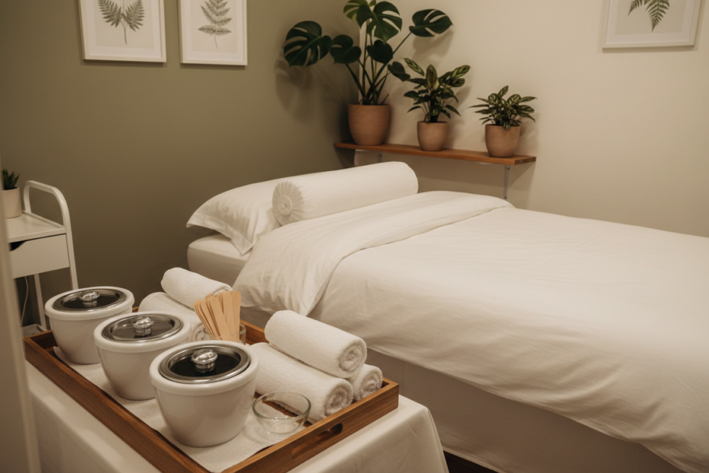 A serene and professional esthetician's studio in Nenagh, illuminated by soft, warm lighting. In the foreground, a neatly arranged waxing station features high-quality wax pots, wooden spatulas, and fresh towels, conveying a sense of cleanliness and preparation. The middle ground showcases a comfortable treatment bed, draped in soft white linens, enhancing a welcoming atmosphere. In the background, a tasteful arrangement of potted plants and calming artwork adorns the walls, contributing to a tranquil vibe. The camera angle captures the scene from a slight overhead view, emphasizing the organized workspace while maintaining an inviting feel. The mood is peaceful and reassuring, ideal for anyone looking to understand the Brazilian waxing experience. A serene and professional esthetician's studio in Nenagh, illuminated by soft, warm lighting. In the foreground, a neatly arranged waxing station features high-quality wax pots, wooden spatulas, and fresh towels, conveying a sense of cleanliness and preparation. The middle ground showcases a comfortable treatment bed, draped in soft white linens, enhancing a welcoming atmosphere. In the background, a tasteful arrangement of potted plants and calming artwork adorns the walls, contributing to a tranquil vibe. The camera angle captures the scene from a slight overhead view, emphasizing the organized workspace while maintaining an inviting feel. The mood is peaceful and reassuring, ideal for anyone looking to understand the Brazilian waxing experience.