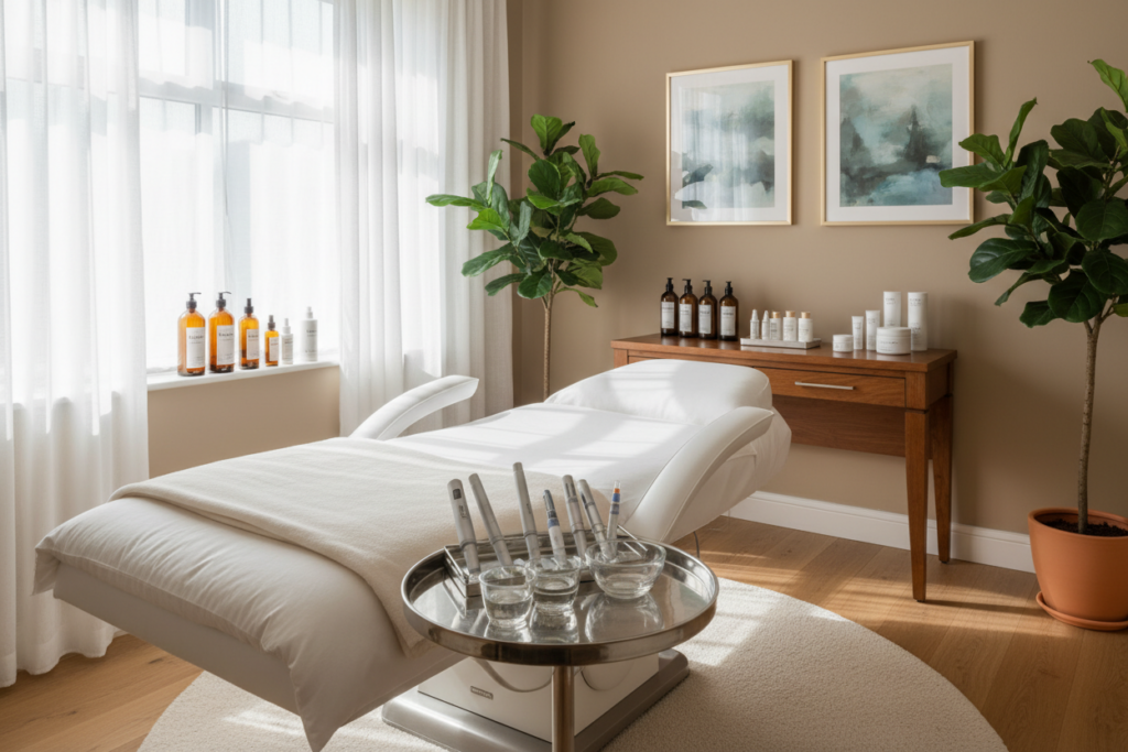 A serene and professional microneedling treatment room in Nenagh, Tipperary. The foreground showcases a sleek treatment bed with soft, clean linens and a selection of sterilized microneedling tools neatly arranged on a nearby tray. In the middle ground, a well-organized workstation features an array of skincare products in elegant bottles, illuminated by soft, natural lighting through a nearby window. The background includes calming artwork on the walls and potted plants that enhance the tranquil atmosphere. The room is tastefully decorated with neutral tones and modern accents, creating a welcoming environment for clients. The mood is peaceful and rejuvenating, inviting clients to experience the transformative benefits of microneedling. A serene and professional microneedling treatment room in Nenagh, Tipperary. The foreground showcases a sleek treatment bed with soft, clean linens and a selection of sterilized microneedling tools neatly arranged on a nearby tray. In the middle ground, a well-organized workstation features an array of skincare products in elegant bottles, illuminated by soft, natural lighting through a nearby window. The background includes calming artwork on the walls and potted plants that enhance the tranquil atmosphere. The room is tastefully decorated with neutral tones and modern accents, creating a welcoming environment for clients. The mood is peaceful and rejuvenating, inviting clients to experience the transformative benefits of microneedling.