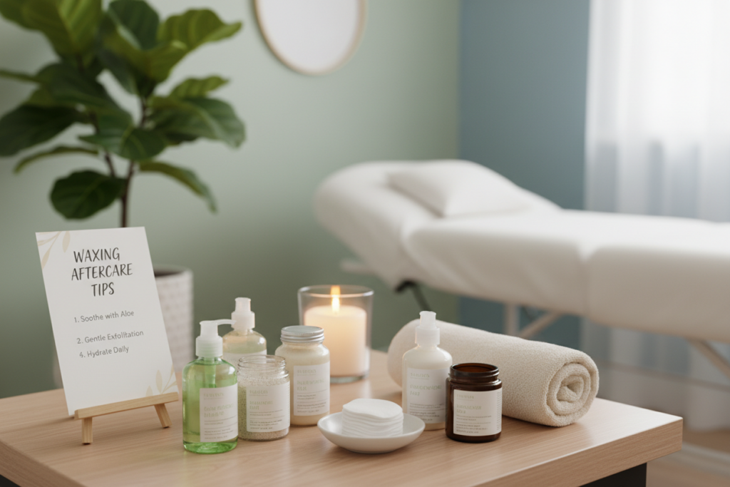 A serene and well-lit spa environment showcasing waxing aftercare tips. In the foreground, an elegant wooden table with a neatly arranged display of aftercare products including soothing aloe vera gel, gentle exfoliating scrubs, and calming lotions. A few cotton pads and a soft towel are artfully placed nearby. In the middle ground, a softly glowing candle adds warmth to the space, while a plant provides a touch of greenery for a relaxed atmosphere. The background features a softly blurred spa setting with calming colors, emphasizing tranquility. Use natural lighting to create a peaceful mood, shot from a slightly elevated angle to capture the entire scene. Focus on an inviting and informative ambiance that encourages self-care. A serene and well-lit spa environment showcasing waxing aftercare tips. In the foreground, an elegant wooden table with a neatly arranged display of aftercare products including soothing aloe vera gel, gentle exfoliating scrubs, and calming lotions. A few cotton pads and a soft towel are artfully placed nearby. In the middle ground, a softly glowing candle adds warmth to the space, while a plant provides a touch of greenery for a relaxed atmosphere. The background features a softly blurred spa setting with calming colors, emphasizing tranquility. Use natural lighting to create a peaceful mood, shot from a slightly elevated angle to capture the entire scene. Focus on an inviting and informative ambiance that encourages self-care.