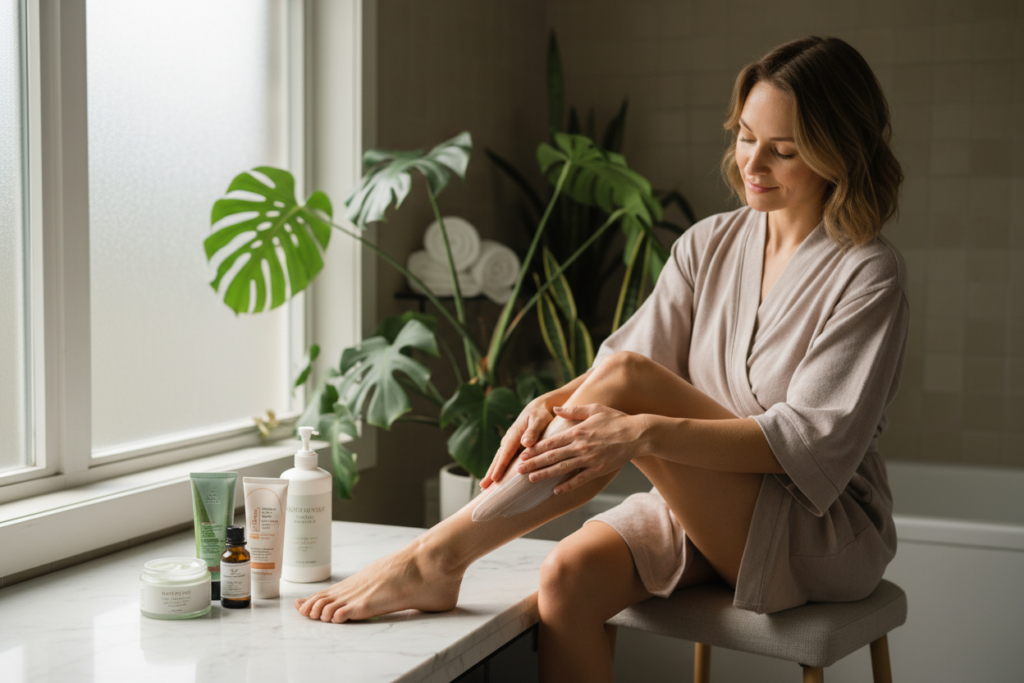 A serene bathroom scene designed to illustrate best practices for post-waxing care. In the foreground, a neatly arranged display of essential skincare products including soothing creams, exfoliating scrubs, and moisturizing lotions, all placed on a clean white countertop. In the middle ground, a person in modest casual attire gently applying a cream to their leg, their expression calm and relaxed, showcasing the importance of post-care. Soft natural light filters through a nearby window, casting gentle shadows that enhance the tranquil atmosphere. The background features a subtle hint of plants, adding a touch of nature, emphasizing a caring and healthy environment for preventing ingrown hairs after waxing. The overall mood is soothing and informative, with a focus on self-care and effective techniques. A serene bathroom scene designed to illustrate best practices for post-waxing care. In the foreground, a neatly arranged display of essential skincare products including soothing creams, exfoliating scrubs, and moisturizing lotions, all placed on a clean white countertop. In the middle ground, a person in modest casual attire gently applying a cream to their leg, their expression calm and relaxed, showcasing the importance of post-care. Soft natural light filters through a nearby window, casting gentle shadows that enhance the tranquil atmosphere. The background features a subtle hint of plants, adding a touch of nature, emphasizing a caring and healthy environment for preventing ingrown hairs after waxing. The overall mood is soothing and informative, with a focus on self-care and effective techniques.
