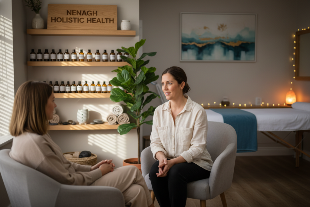 A serene massage therapy clinic interior in Nenagh, featuring a calming atmosphere. In the foreground, a professional therapist, dressed in modest casual clothing, is attentively conducting a wellness assessment with a client seated on a comfortable chair, surrounded by soft, natural lighting that creates a warm ambiance. In the middle ground, shelves with various wellness tools, essential oils, and soft towels are neatly arranged, while a soothing plant adds a touch of nature. The background showcases a softly lit, tranquil treatment room with a massage table and tranquil decor. The overall mood is peaceful and inviting, evoking a sense of individual care and personalized wellness assessment, perfect for exploring one’s unique body needs. Use a softly blurred lens effect to enhance the calmness of the scene. A serene massage therapy clinic interior in Nenagh, featuring a calming atmosphere. In the foreground, a professional therapist, dressed in modest casual clothing, is attentively conducting a wellness assessment with a client seated on a comfortable chair, surrounded by soft, natural lighting that creates a warm ambiance. In the middle ground, shelves with various wellness tools, essential oils, and soft towels are neatly arranged, while a soothing plant adds a touch of nature. The background showcases a softly lit, tranquil treatment room with a massage table and tranquil decor. The overall mood is peaceful and inviting, evoking a sense of individual care and personalized wellness assessment, perfect for exploring one’s unique body needs. Use a softly blurred lens effect to enhance the calmness of the scene.