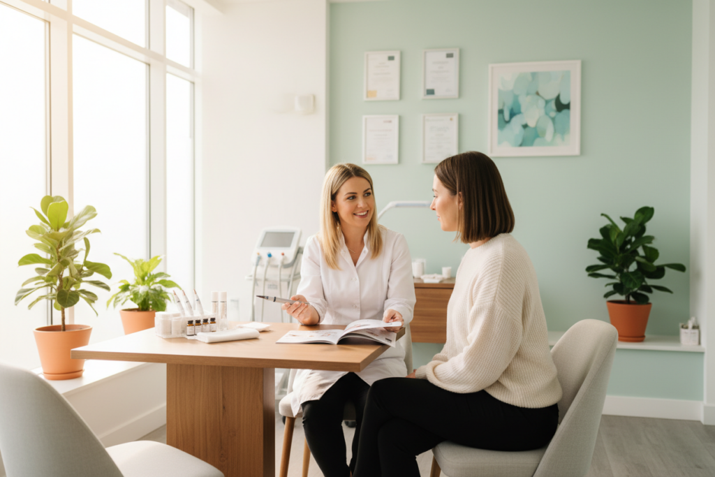 A serene microneedling clinic consultation scene in Nenagh, featuring a professional aesthetician and a client discussing the treatment. The aesthetician, dressed in a white lab coat with a friendly smile, is gesturing towards a brochure on the table, while the client, wearing a comfortable yet stylish outfit, listens attentively. The foreground includes a neatly arranged treatment table with clean tools and soft linens. In the middle, there’s a bright, well-lit consultation area with soothing colors and minimalistic decor, including potted plants and framed certificates on the walls. The background showcases subtle medical equipment and calming artwork. Bright, natural lighting filters through large windows, creating a warm and inviting atmosphere, emphasizing trust and transformation in skincare. A serene microneedling clinic consultation scene in Nenagh, featuring a professional aesthetician and a client discussing the treatment. The aesthetician, dressed in a white lab coat with a friendly smile, is gesturing towards a brochure on the table, while the client, wearing a comfortable yet stylish outfit, listens attentively. The foreground includes a neatly arranged treatment table with clean tools and soft linens. In the middle, there’s a bright, well-lit consultation area with soothing colors and minimalistic decor, including potted plants and framed certificates on the walls. The background showcases subtle medical equipment and calming artwork. Bright, natural lighting filters through large windows, creating a warm and inviting atmosphere, emphasizing trust and transformation in skincare.