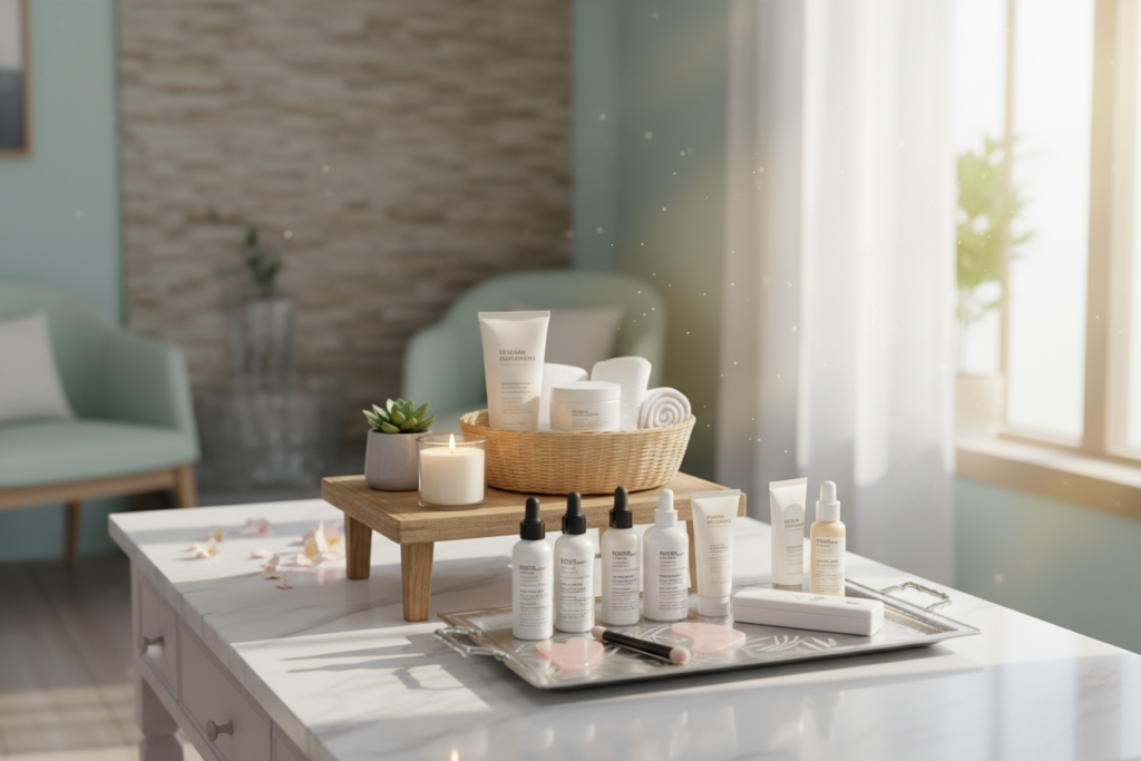A serene skincare setting showcasing a comparison of professional and home skincare routines. In the foreground, a well-organized vanity table displays an array of professional skincare products: serums, moisturizers, and tools like jade rollers, all elegantly arranged. In the middle, a neatly presented home care setup includes a few essential skincare items like cleansers and masks, with a cozy atmosphere enhanced by soft natural light streaming in from a window. The background features a soothing spa-like environment with gentle colors and calming decor, evoking relaxation. The scene exudes a professional yet inviting mood, ideal for educating viewers about skincare options. Soft shadows enhance the textures of the products while maintaining a crisp focus. The image should be bright and airy, with a warm overall ambiance. A serene skincare setting showcasing a comparison of professional and home skincare routines. In the foreground, a well-organized vanity table displays an array of professional skincare products: serums, moisturizers, and tools like jade rollers, all elegantly arranged. In the middle, a neatly presented home care setup includes a few essential skincare items like cleansers and masks, with a cozy atmosphere enhanced by soft natural light streaming in from a window. The background features a soothing spa-like environment with gentle colors and calming decor, evoking relaxation. The scene exudes a professional yet inviting mood, ideal for educating viewers about skincare options. Soft shadows enhance the textures of the products while maintaining a crisp focus. The image should be bright and airy, with a warm overall ambiance.