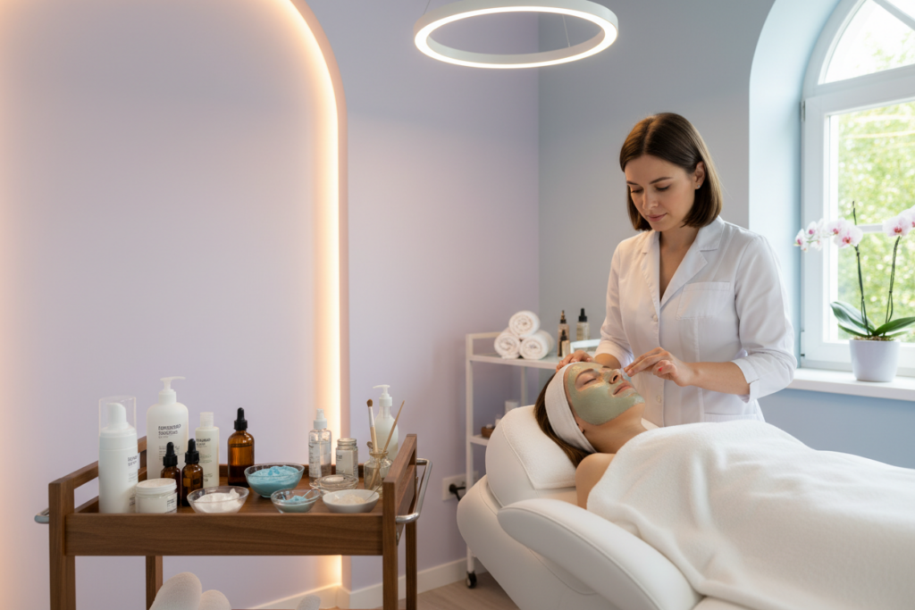 A serene spa environment showcasing a deep cleansing facial treatment session. In the foreground, a professional esthetician, dressed in a crisp white lab coat, gently applies a soothing mask to a relaxed client’s face, who is comfortably reclined on a stylish treatment bed. The middle of the image features an array of high-quality facial products like cleansers, masks, and essential oils, organized neatly on a wooden spa cart. In the background, soft, ambient lighting illuminates the room, creating a tranquil atmosphere with soft pastel colors on the walls. A large window lets in natural light, enhancing the peaceful ambiance. The mood is calming and rejuvenating, representing a holistic approach to skincare for achieving glowing skin. A serene spa environment showcasing a deep cleansing facial treatment session. In the foreground, a professional esthetician, dressed in a crisp white lab coat, gently applies a soothing mask to a relaxed client’s face, who is comfortably reclined on a stylish treatment bed. The middle of the image features an array of high-quality facial products like cleansers, masks, and essential oils, organized neatly on a wooden spa cart. In the background, soft, ambient lighting illuminates the room, creating a tranquil atmosphere with soft pastel colors on the walls. A large window lets in natural light, enhancing the peaceful ambiance. The mood is calming and rejuvenating, representing a holistic approach to skincare for achieving glowing skin.