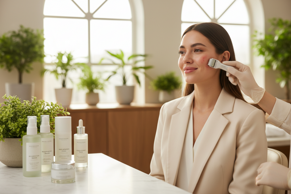 A serene spa environment showcasing the benefits of skin rejuvenation treatments. In the foreground, a smiling woman in professional business attire enjoys a microneedling procedure, her skin glowing with radiance and vitality. In the middle ground, various skincare products elegantly displayed on a sleek counter, emphasizing rejuvenation, hydration, and fresh skin. In the background, soft, natural light filters through large windows filled with green plants, creating a calming atmosphere. The overall mood is one of renewal and tranquility, inviting viewers to explore the revitalizing effects of microneedling. Use a soft focus with a shallow depth of field to enhance the peaceful and rejuvenating essence of the scene. A serene spa environment showcasing the benefits of skin rejuvenation treatments. In the foreground, a smiling woman in professional business attire enjoys a microneedling procedure, her skin glowing with radiance and vitality. In the middle ground, various skincare products elegantly displayed on a sleek counter, emphasizing rejuvenation, hydration, and fresh skin. In the background, soft, natural light filters through large windows filled with green plants, creating a calming atmosphere. The overall mood is one of renewal and tranquility, inviting viewers to explore the revitalizing effects of microneedling. Use a soft focus with a shallow depth of field to enhance the peaceful and rejuvenating essence of the scene.