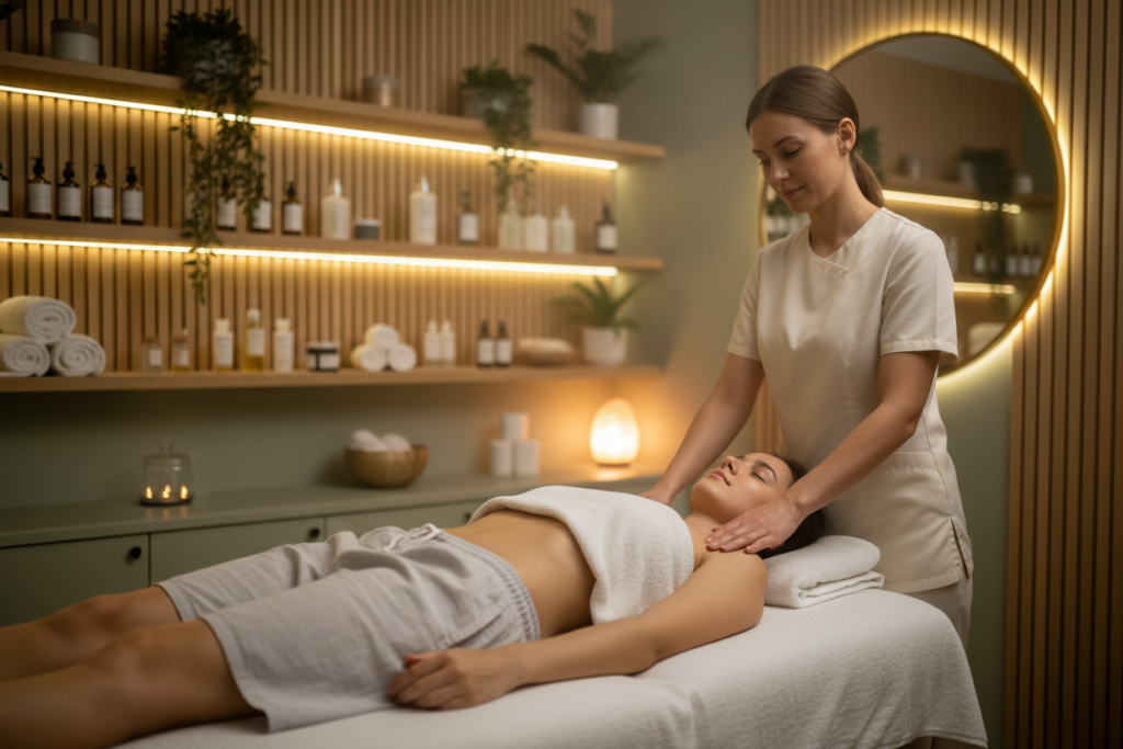 A serene spa room dedicated to lymphatic massage services, featuring a comfortable massage table draped with soft, white linens. In the foreground, a skilled therapist, dressed in professional attire, gently performs a lymphatic drainage massage on a client who is modestly clothed, showcasing the art of relaxation and healing. The middle layer includes calming, ambient lighting that creates a soothing atmosphere, with soft shadows enhancing the tranquil mood. In the background, shelves display beautifully arranged wellness products and plants, reflecting a clean and inviting beauty setting. The overall composition conveys a sense of peace, wellness, and transformative benefits for those receiving the treatment, inviting viewers to experience the rejuvenating effects of lymphatic drainage. A serene spa room dedicated to lymphatic massage services, featuring a comfortable massage table draped with soft, white linens. In the foreground, a skilled therapist, dressed in professional attire, gently performs a lymphatic drainage massage on a client who is modestly clothed, showcasing the art of relaxation and healing. The middle layer includes calming, ambient lighting that creates a soothing atmosphere, with soft shadows enhancing the tranquil mood. In the background, shelves display beautifully arranged wellness products and plants, reflecting a clean and inviting beauty setting. The overall composition conveys a sense of peace, wellness, and transformative benefits for those receiving the treatment, inviting viewers to experience the rejuvenating effects of lymphatic drainage.