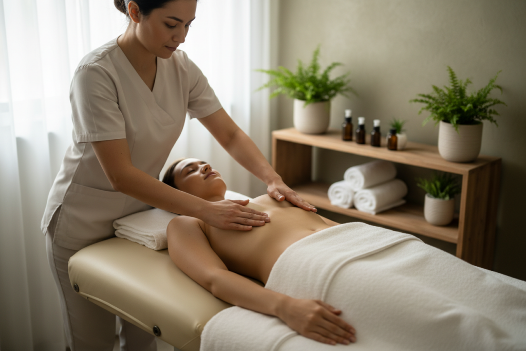 A serene spa setting featuring a professional massage therapist performing manual lymphatic drainage on a client, who is comfortably lying on a treatment table. The therapist wears modest, professional attire and focuses on a gentle, rhythmic technique, emphasizing relaxation and wellness. Soft, natural lighting filters through the calming environment, highlighting the therapist's careful movements. In the background, soothing elements like essential oil bottles, fresh towels, and plants create an inviting atmosphere. The image captures the healing aspect of lymphatic drainage therapy, showcasing smooth skin and a sense of tranquility, inviting viewers to understand the benefits of this therapy. The angle is slightly elevated, allowing a clear view of the therapist's technique and the peaceful spa ambiance. A serene spa setting featuring a professional massage therapist performing manual lymphatic drainage on a client, who is comfortably lying on a treatment table. The therapist wears modest, professional attire and focuses on a gentle, rhythmic technique, emphasizing relaxation and wellness. Soft, natural lighting filters through the calming environment, highlighting the therapist's careful movements. In the background, soothing elements like essential oil bottles, fresh towels, and plants create an inviting atmosphere. The image captures the healing aspect of lymphatic drainage therapy, showcasing smooth skin and a sense of tranquility, inviting viewers to understand the benefits of this therapy. The angle is slightly elevated, allowing a clear view of the therapist's technique and the peaceful spa ambiance.