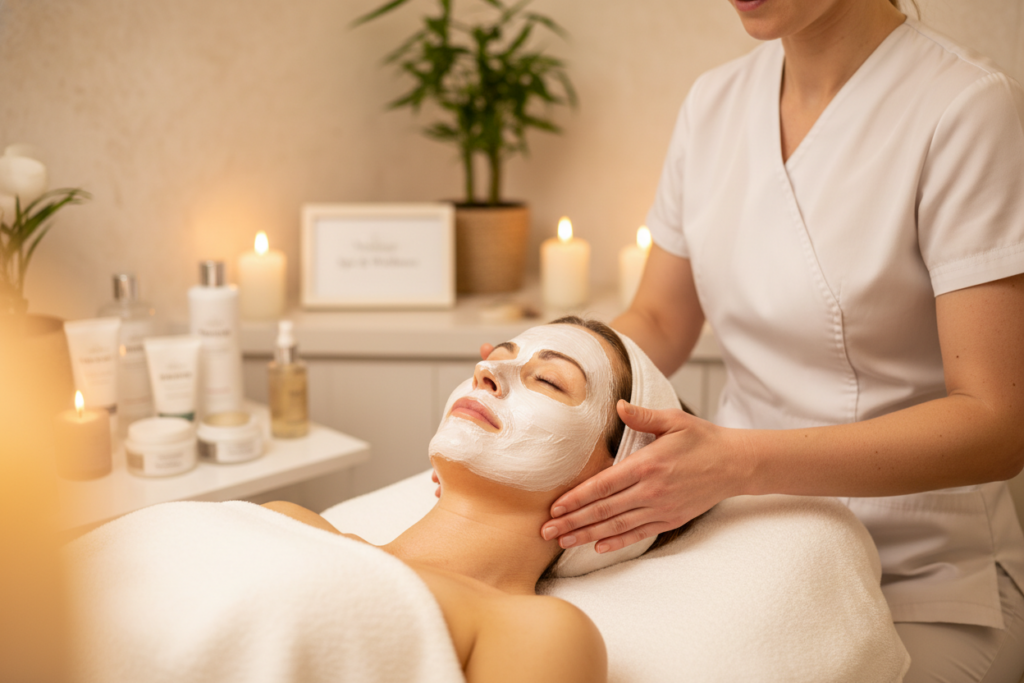 A serene spa setting in Nenagh, showcasing a luxurious anti-aging facial treatment. In the foreground, a relaxed middle-aged woman with glowing skin, wearing a gentle, professional facial mask, reclines comfortably on a plush treatment bed. Her expression radiates tranquility and contentment. In the middle, a skilled aesthetist, dressed in smart, professional attire, gently applies soothing serums and creams, surrounded by elegant skincare products. Soft, warm lighting enhances the calming atmosphere, creating a subtle glow. The background features serene elements like candles, plants, and soft, neutral-colored walls, emphasizing a tranquil and inviting environment. The overall mood is one of rejuvenation and relaxation, perfectly evoking the theme of turning back time for youthful skin. A serene spa setting in Nenagh, showcasing a luxurious anti-aging facial treatment. In the foreground, a relaxed middle-aged woman with glowing skin, wearing a gentle, professional facial mask, reclines comfortably on a plush treatment bed. Her expression radiates tranquility and contentment. In the middle, a skilled aesthetist, dressed in smart, professional attire, gently applies soothing serums and creams, surrounded by elegant skincare products. Soft, warm lighting enhances the calming atmosphere, creating a subtle glow. The background features serene elements like candles, plants, and soft, neutral-colored walls, emphasizing a tranquil and inviting environment. The overall mood is one of rejuvenation and relaxation, perfectly evoking the theme of turning back time for youthful skin.