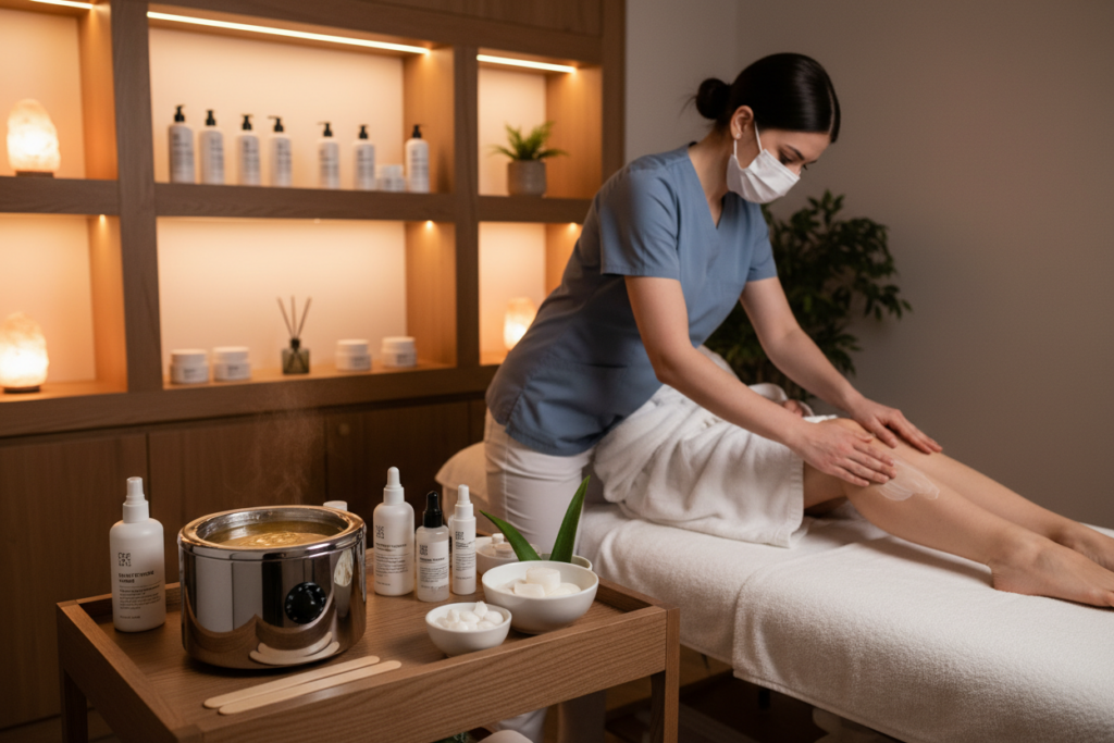 A serene spa treatment room bathed in soft, ambient lighting creates a calming atmosphere. In the foreground, a neatly arranged waxing station features professional waxing products like warm wax, soothing oils, and soothing aftercare essentials, all displayed on a wooden table. A plush treatment bed is visible, draped with a fresh, clean towel. In the middle ground, a skincare professional in modest, professional attire is gently applying a calming lotion to a client's leg, showcasing the aftercare process. The background reveals a softly lit shelf with neatly organized skincare products, emphasizing the focus on post-waxing care. The overall mood evokes relaxation and professionalism, perfect for aftercare in a waxing treatment context. A serene spa treatment room bathed in soft, ambient lighting creates a calming atmosphere. In the foreground, a neatly arranged waxing station features professional waxing products like warm wax, soothing oils, and soothing aftercare essentials, all displayed on a wooden table. A plush treatment bed is visible, draped with a fresh, clean towel. In the middle ground, a skincare professional in modest, professional attire is gently applying a calming lotion to a client's leg, showcasing the aftercare process. The background reveals a softly lit shelf with neatly organized skincare products, emphasizing the focus on post-waxing care. The overall mood evokes relaxation and professionalism, perfect for aftercare in a waxing treatment context.