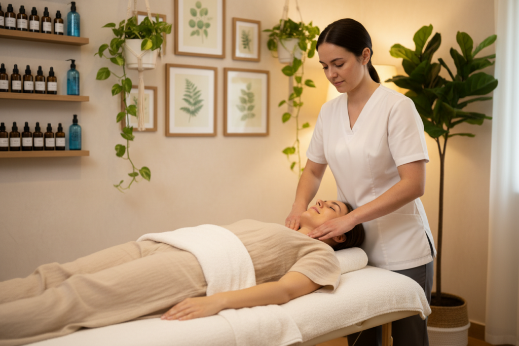 A serene therapy room setting featuring a therapeutic lymph drainage treatment session. In the foreground, a patient in modest, comfortable clothing lies on a massage table, appearing relaxed and at ease. A skilled therapist, dressed in a professional, clean uniform, gently performs the lymphatic drainage massage. In the middle ground, a soft, neutral-colored wall adorned with calming artwork and plants creates a sense of tranquility. The background includes shelves with essential oils and therapeutic tools, reflecting a clean and organized spa environment. The lighting is soft and warm, creating a peaceful and inviting atmosphere, captured with a shallow depth of field to emphasize the treatment while maintaining a cozy ambiance. A serene therapy room setting featuring a therapeutic lymph drainage treatment session. In the foreground, a patient in modest, comfortable clothing lies on a massage table, appearing relaxed and at ease. A skilled therapist, dressed in a professional, clean uniform, gently performs the lymphatic drainage massage. In the middle ground, a soft, neutral-colored wall adorned with calming artwork and plants creates a sense of tranquility. The background includes shelves with essential oils and therapeutic tools, reflecting a clean and organized spa environment. The lighting is soft and warm, creating a peaceful and inviting atmosphere, captured with a shallow depth of field to emphasize the treatment while maintaining a cozy ambiance.
