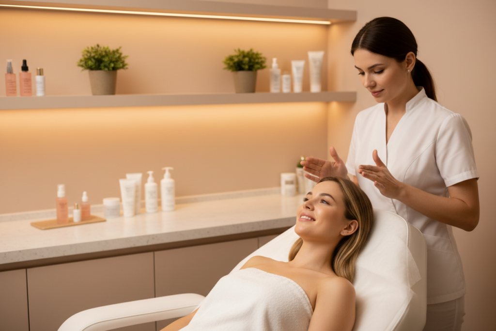 A serene treatment room filled with soft, warm lighting, showcasing an array of professional skincare products neatly arranged on a sleek countertop. In the foreground, a young woman with glowing, healthy skin sits comfortably on a treatment chair, wearing a modest white robe, smiling peacefully as a licensed aesthetician gently applies a hydrating mask to her face. The aesthetician, in professional attire, exudes confidence and care. In the background, shelves lined with elegant skincare bottles and natural plants enhance the atmosphere of relaxation and rejuvenation. The camera angle captures both the subject's transformation and the luxurious salon setting, emphasizing a mood of tranquility and professionalism. A serene treatment room filled with soft, warm lighting, showcasing an array of professional skincare products neatly arranged on a sleek countertop. In the foreground, a young woman with glowing, healthy skin sits comfortably on a treatment chair, wearing a modest white robe, smiling peacefully as a licensed aesthetician gently applies a hydrating mask to her face. The aesthetician, in professional attire, exudes confidence and care. In the background, shelves lined with elegant skincare bottles and natural plants enhance the atmosphere of relaxation and rejuvenation. The camera angle captures both the subject's transformation and the luxurious salon setting, emphasizing a mood of tranquility and professionalism.