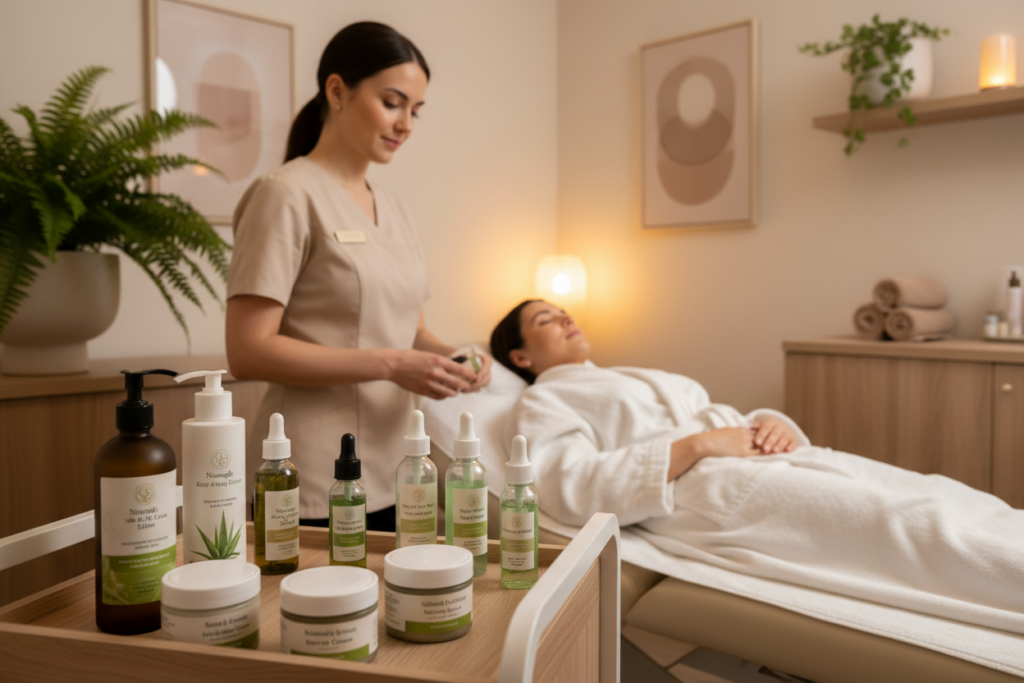 A serene treatment room in a modern spa setting, glowing softly with warm, ambient lighting. In the foreground, a skilled aesthetician wearing a professional uniform prepares an array of botanical-infused anti-wrinkle facial products. On the treatment table, neatly organized, are vials and creams showcasing natural ingredients like aloe vera and green tea, emanating a calming, inviting atmosphere. The middle ground features a client with a relaxed expression, comfortably reclined, covered modestly in a spa robe. The background reveals stylish decor consisting of plants and elegant wall art, enhancing the tranquil vibe. The scene is captured with a soft-focus lens to evoke a sense of peaceful rejuvenation and self-care, emphasizing the unique qualities of anti-ageing facials in Nenagh compared to regular skincare. A serene treatment room in a modern spa setting, glowing softly with warm, ambient lighting. In the foreground, a skilled aesthetician wearing a professional uniform prepares an array of botanical-infused anti-wrinkle facial products. On the treatment table, neatly organized, are vials and creams showcasing natural ingredients like aloe vera and green tea, emanating a calming, inviting atmosphere. The middle ground features a client with a relaxed expression, comfortably reclined, covered modestly in a spa robe. The background reveals stylish decor consisting of plants and elegant wall art, enhancing the tranquil vibe. The scene is captured with a soft-focus lens to evoke a sense of peaceful rejuvenation and self-care, emphasizing the unique qualities of anti-ageing facials in Nenagh compared to regular skincare.