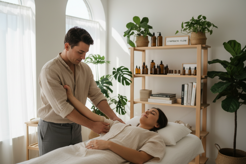 A serene wellness studio featuring a lymphatic system massage therapy session. In the foreground, a trained therapist in smart casual attire gently using their hands to perform a light, rhythmic massage technique on a client's arm. The client, dressed in a comfortable, modest top, looks relaxed and peaceful. In the middle, soft, natural lighting filtering through large windows creates a calm atmosphere, complemented by potted plants and minimalist decor. The background includes shelves with massage oils and holistic health books, enhancing the wellness theme. The overall mood is soothing and inviting, emphasizing the healing and rejuvenating aspects of lymphatic drainage massage therapy. A serene wellness studio featuring a lymphatic system massage therapy session. In the foreground, a trained therapist in smart casual attire gently using their hands to perform a light, rhythmic massage technique on a client's arm. The client, dressed in a comfortable, modest top, looks relaxed and peaceful. In the middle, soft, natural lighting filtering through large windows creates a calm atmosphere, complemented by potted plants and minimalist decor. The background includes shelves with massage oils and holistic health books, enhancing the wellness theme. The overall mood is soothing and inviting, emphasizing the healing and rejuvenating aspects of lymphatic drainage massage therapy.