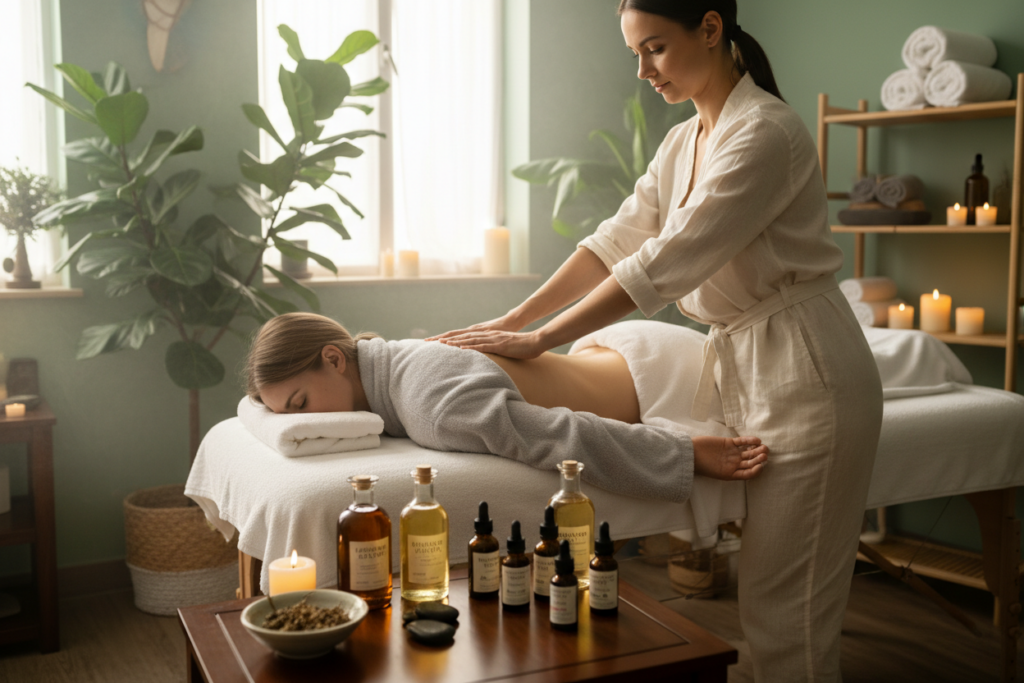 A serene wellness studio setting featuring a professional massage therapist performing a therapeutic massage on a client, both dressed in modest, comfortable clothing. The foreground showcases soothing massage oils and essential oils laid out on a wooden table. In the middle, the therapist's hands are gently applying pressure to the client's back, emphasizing the technique and care involved in the healing process. Soft, diffused lighting enhances the warm, calming atmosphere, casting gentle shadows. In the background, calming elements like plants, soft towels, and ambient candles create an inviting environment. The overall mood conveys tranquility, trust, and the benefits of cellular healing through professional massage therapy. Capture this scene from a slightly elevated angle to showcase the interaction and environment effectively. A serene wellness studio setting featuring a professional massage therapist performing a therapeutic massage on a client, both dressed in modest, comfortable clothing. The foreground showcases soothing massage oils and essential oils laid out on a wooden table. In the middle, the therapist's hands are gently applying pressure to the client's back, emphasizing the technique and care involved in the healing process. Soft, diffused lighting enhances the warm, calming atmosphere, casting gentle shadows. In the background, calming elements like plants, soft towels, and ambient candles create an inviting environment. The overall mood conveys tranquility, trust, and the benefits of cellular healing through professional massage therapy. Capture this scene from a slightly elevated angle to showcase the interaction and environment effectively.
