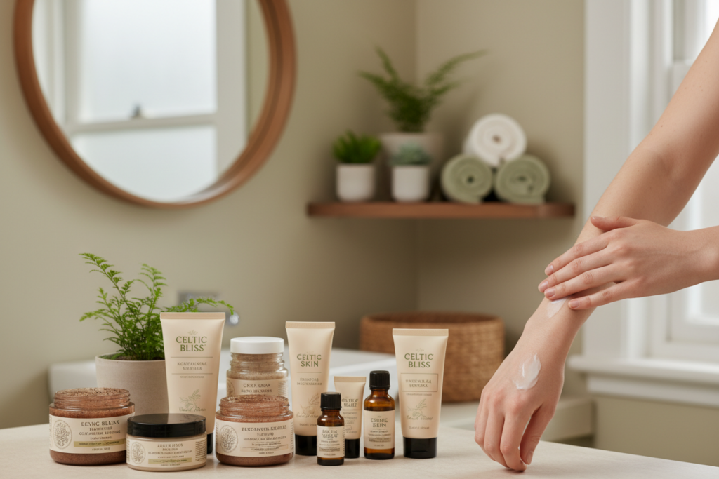 A soothing skincare scene focused on ingrown hair prevention techniques after waxing, suitable for Irish skin. Foreground: a close-up view of diverse skincare products, including gentle exfoliating scrubs, soothing creams, and natural oils, arranged aesthetically. Middle: a pair of hands applying a light moisturizer on the forearm, showcasing smooth skin and healthy texture. Background: a softly lit bathroom setting with pale, earthy tones, featuring a mirror, potted plants, and soft towels to create a calming atmosphere. Utilize natural, diffused lighting to enhance the freshness and tranquility of the scene, with a slight depth of field to keep the focus on the hands and skincare products while giving a warm, inviting feel. A soothing skincare scene focused on ingrown hair prevention techniques after waxing, suitable for Irish skin. Foreground: a close-up view of diverse skincare products, including gentle exfoliating scrubs, soothing creams, and natural oils, arranged aesthetically. Middle: a pair of hands applying a light moisturizer on the forearm, showcasing smooth skin and healthy texture. Background: a softly lit bathroom setting with pale, earthy tones, featuring a mirror, potted plants, and soft towels to create a calming atmosphere. Utilize natural, diffused lighting to enhance the freshness and tranquility of the scene, with a slight depth of field to keep the focus on the hands and skincare products while giving a warm, inviting feel.