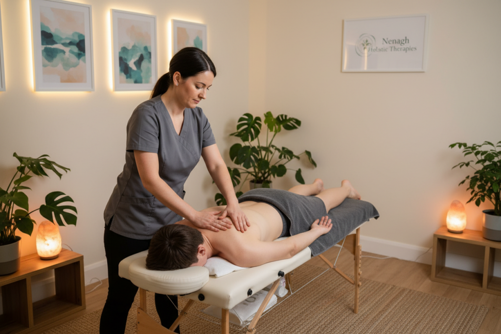 A tranquil deep tissue massage session taking place in a calming therapy room in Nenagh. In the foreground, a skilled massage therapist, dressed in a simple, professional outfit, is focused on providing a deep tissue massage to a client lying on a massage table, who is wearing modest, comfortable clothing. The therapist's hands are confidently applying pressure to the client's upper back and shoulders, showcasing the therapeutic technique. In the middle ground, soft ambient lighting from strategically placed lamps creates a serene atmosphere, while a few plants add a touch of nature. In the background, light-colored walls and calming artwork enhance the feeling of tranquility. The overall mood is soothing and professional, perfect for conveying the relief that deep tissue massage offers for chronic pain. A tranquil deep tissue massage session taking place in a calming therapy room in Nenagh. In the foreground, a skilled massage therapist, dressed in a simple, professional outfit, is focused on providing a deep tissue massage to a client lying on a massage table, who is wearing modest, comfortable clothing. The therapist's hands are confidently applying pressure to the client's upper back and shoulders, showcasing the therapeutic technique. In the middle ground, soft ambient lighting from strategically placed lamps creates a serene atmosphere, while a few plants add a touch of nature. In the background, light-colored walls and calming artwork enhance the feeling of tranquility. The overall mood is soothing and professional, perfect for conveying the relief that deep tissue massage offers for chronic pain.
