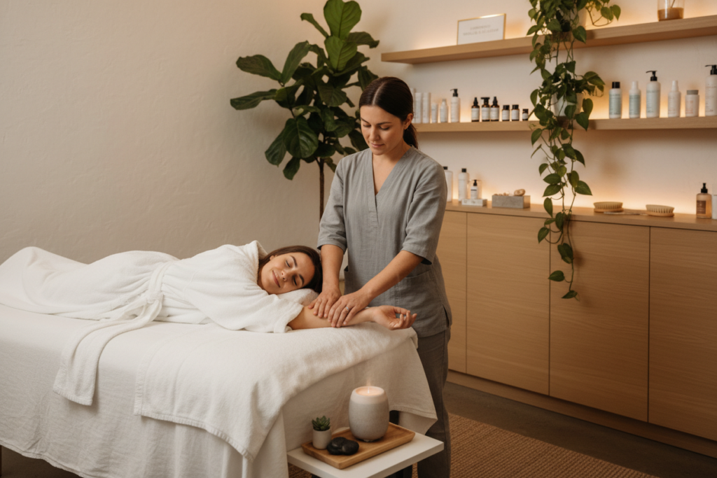 A tranquil wellness clinic interior showcasing a lymphatic drainage treatment. In the foreground, a professional therapist in modest casual clothing gently performs a lymphatic massage on a client’s arm, emphasizing relaxation and care. The therapist’s hands are skillfully positioned, demonstrating technique while ensuring client comfort. In the middle ground, a warm, inviting treatment room with soft lighting, neutral-colored walls, and a massage table covered with a clean, crisp sheet. Aromatherapy diffusers and calming decor enhance the serene atmosphere. In the background, shelves lined with wellness products and plants create a lush, peaceful environment, suggesting the growing popularity of lymphatic treatments. The overall mood is soothing and professional, ideal for promoting wellness and self-care. A tranquil wellness clinic interior showcasing a lymphatic drainage treatment. In the foreground, a professional therapist in modest casual clothing gently performs a lymphatic massage on a client’s arm, emphasizing relaxation and care. The therapist’s hands are skillfully positioned, demonstrating technique while ensuring client comfort. In the middle ground, a warm, inviting treatment room with soft lighting, neutral-colored walls, and a massage table covered with a clean, crisp sheet. Aromatherapy diffusers and calming decor enhance the serene atmosphere. In the background, shelves lined with wellness products and plants create a lush, peaceful environment, suggesting the growing popularity of lymphatic treatments. The overall mood is soothing and professional, ideal for promoting wellness and self-care.