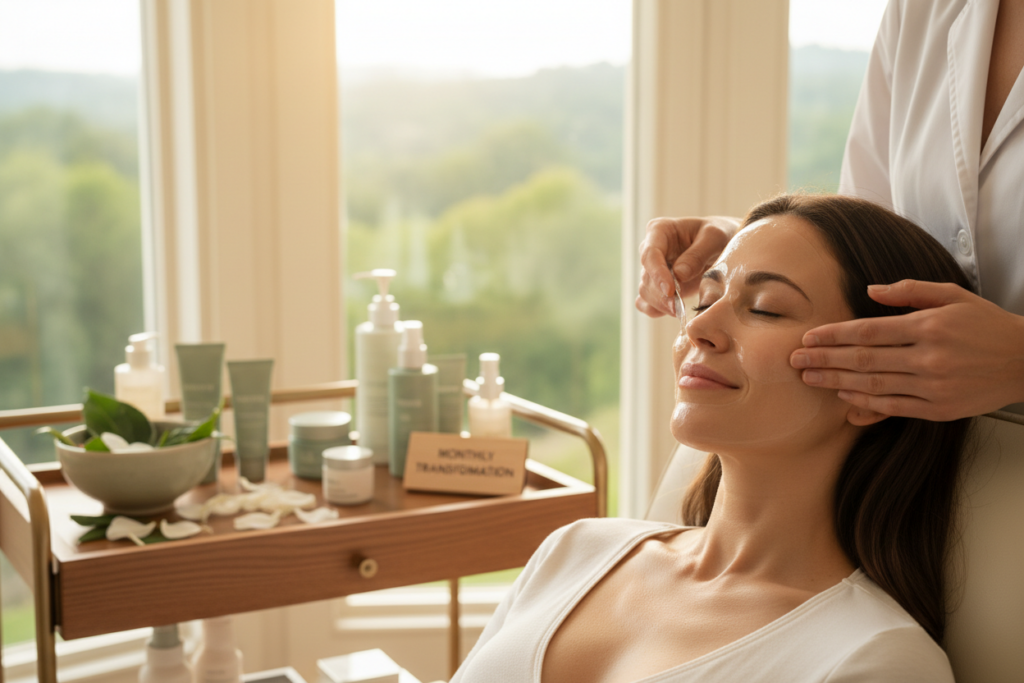 A vibrant, well-lit spa treatment room showcasing Sarah, a woman in her 30s, sitting comfortably in a plush chair. She has a serene expression as a skincare professional, dressed in a white lab coat, gently applies a hydrating facial mask to her skin. In the foreground, focus on their hands and facial details, capturing a close-up view of the treatment process. In the middle ground, include a soft, calming palette of greens and creams with skincare products arranged neatly on a nearby table, highlighting the monthly transformation theme. The background features large windows with soft natural light streaming in, creating a tranquil atmosphere. The overall mood is rejuvenating and professional, reflecting a sense of care and luxury associated with facial treatments. A vibrant, well-lit spa treatment room showcasing Sarah, a woman in her 30s, sitting comfortably in a plush chair. She has a serene expression as a skincare professional, dressed in a white lab coat, gently applies a hydrating facial mask to her skin. In the foreground, focus on their hands and facial details, capturing a close-up view of the treatment process. In the middle ground, include a soft, calming palette of greens and creams with skincare products arranged neatly on a nearby table, highlighting the monthly transformation theme. The background features large windows with soft natural light streaming in, creating a tranquil atmosphere. The overall mood is rejuvenating and professional, reflecting a sense of care and luxury associated with facial treatments.