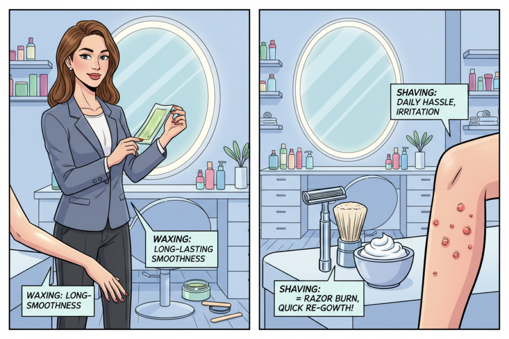 A visually engaging comparison scene between waxing and shaving benefits, set in a clean, modern beauty studio. In the foreground, a professional aesthetican in business attire demonstrates waxing techniques on a client's arm, showcasing smooth, hair-free skin. To the side, a neatly arranged shaving kit includes razors and cream, with a subtle indication of the potential skin irritations, such as a red, irritated area. The middle ground features a sleek vanity with mirrors reflecting soft, natural light, highlighting the aesthetic environment. In the background, a wall adorned with skincare products emphasizes a calm, inviting ambiance. The overall mood is professional, educational, and informative, with balanced lighting casting gentle shadows, creating depth and focus on the contrast between the methods.