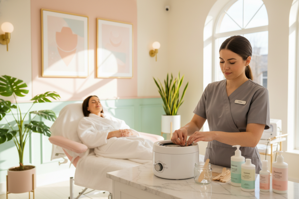 A well-lit, modern beauty salon interior showcasing a soothing atmosphere, with soft pastel colors and elegant décor. In the foreground, a professional, modestly dressed aesthetician prepares a waxing station, arranging tools like a wax warmer, spatulas, and cleansing products on a clean countertop. In the middle ground, a calm client sits comfortably on a treatment bed, wearing a spa robe, exuding a sense of reassurance and trust. The background features tasteful wall art and plants, enhancing the serene vibe of the space. Natural light filters through large windows, creating a warm and inviting ambiance, with a shallow depth of field to keep focus on the preparation for the Brazilian wax appointment. A well-lit, modern beauty salon interior showcasing a soothing atmosphere, with soft pastel colors and elegant décor. In the foreground, a professional, modestly dressed aesthetician prepares a waxing station, arranging tools like a wax warmer, spatulas, and cleansing products on a clean countertop. In the middle ground, a calm client sits comfortably on a treatment bed, wearing a spa robe, exuding a sense of reassurance and trust. The background features tasteful wall art and plants, enhancing the serene vibe of the space. Natural light filters through large windows, creating a warm and inviting ambiance, with a shallow depth of field to keep focus on the preparation for the Brazilian wax appointment.